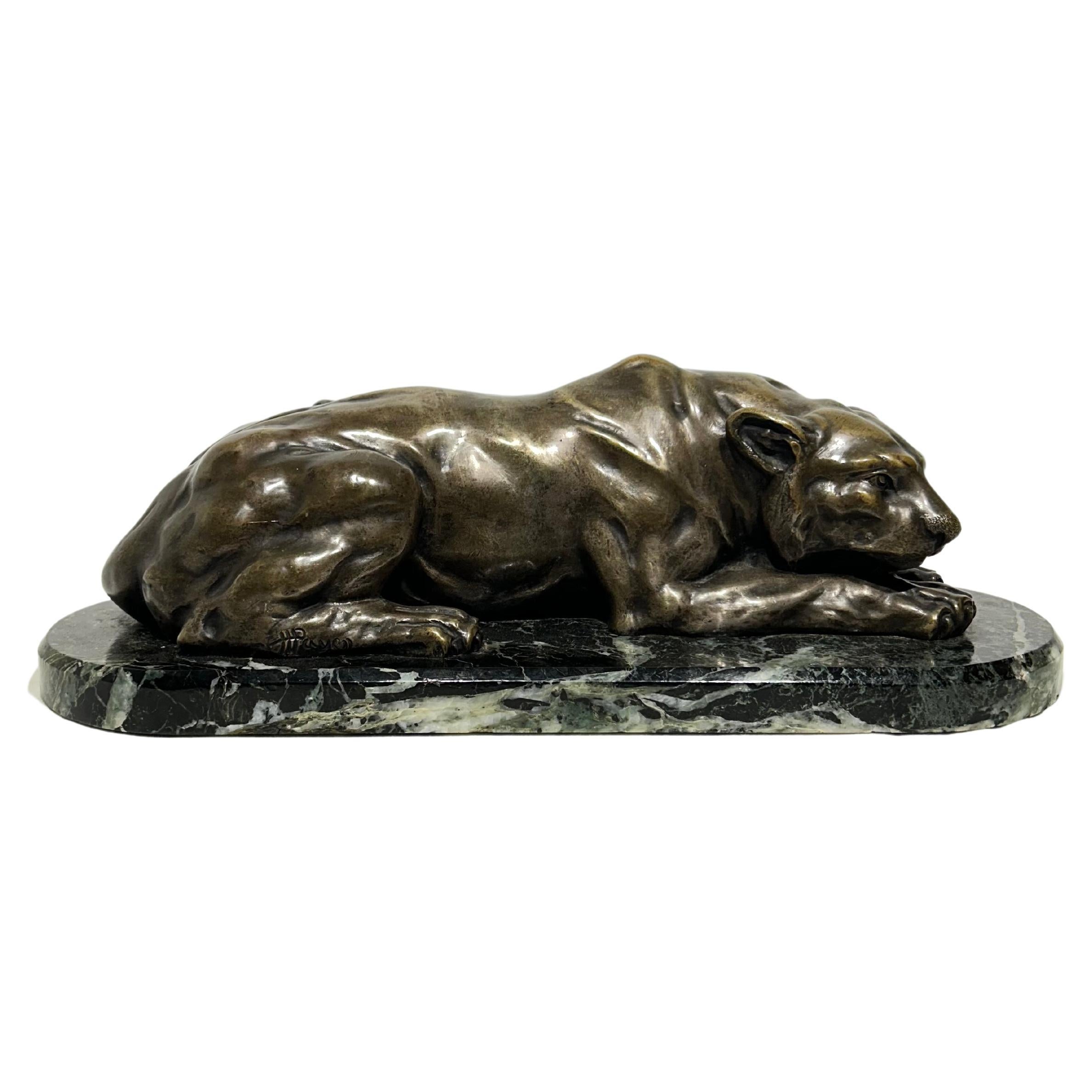 Large Bronze Sculpture Depicting a Recumbent Lioness Mounted on a Marble Based