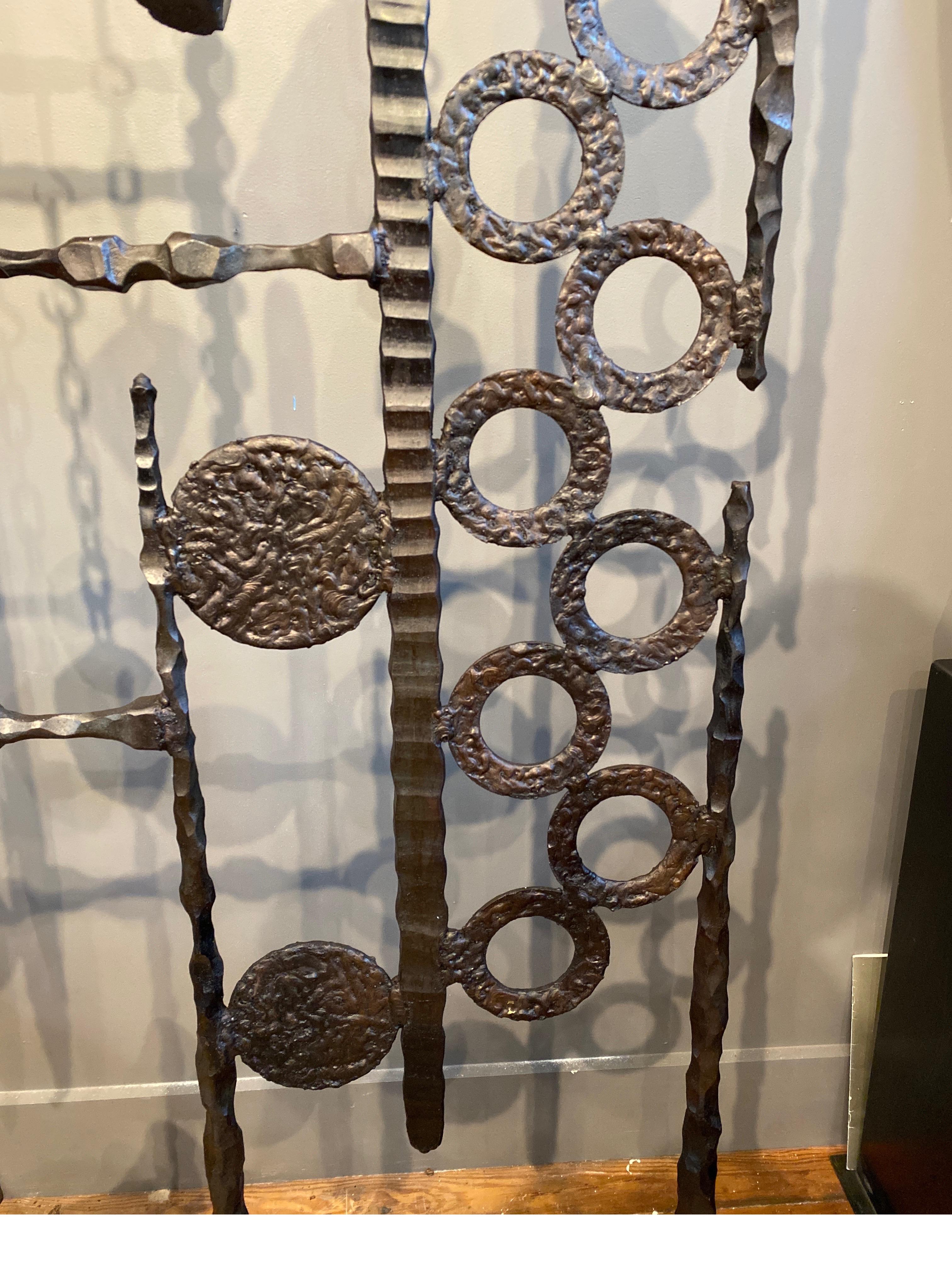 A Large Brutalist Iron and Desert Glass Sculpture Screen Paul Evans Style In Excellent Condition For Sale In Lambertville, NJ