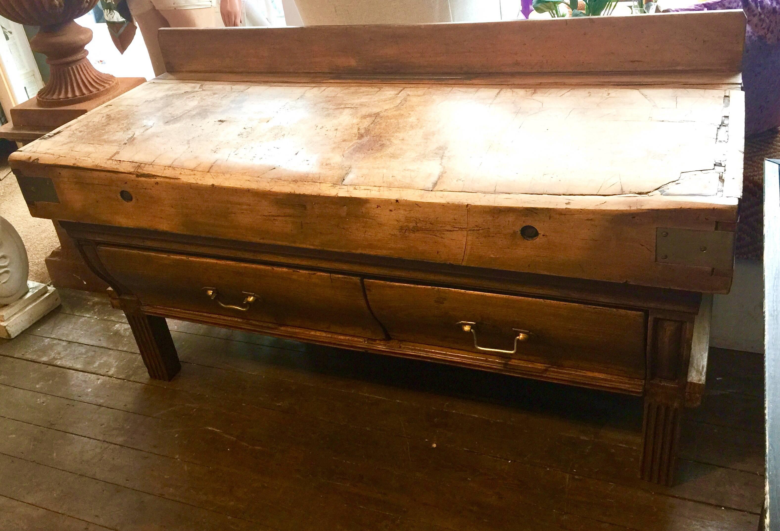 European Large 19th Century French Butchers Block with Two Large Drawers