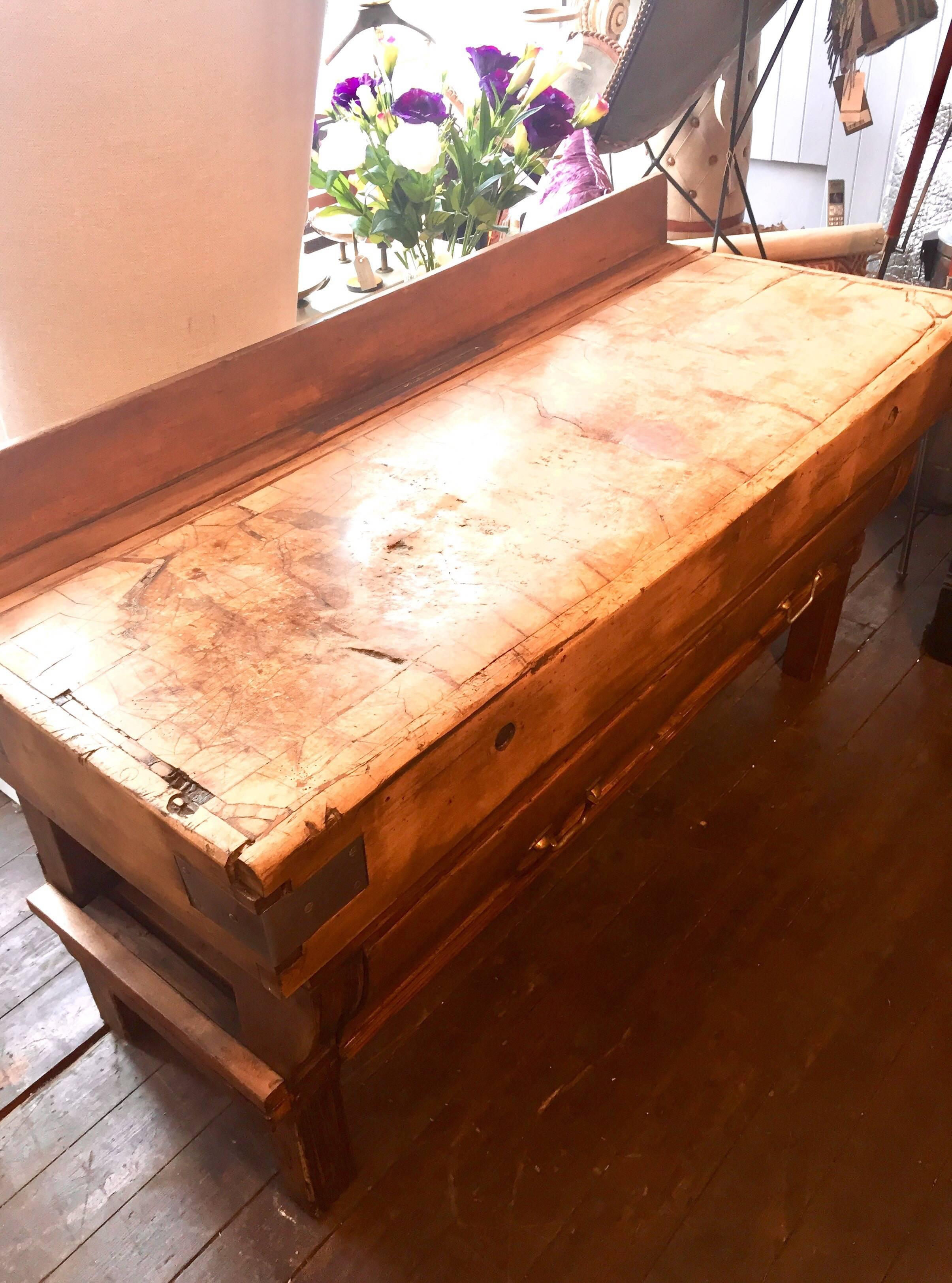 Wood Large 19th Century French Butchers Block with Two Large Drawers