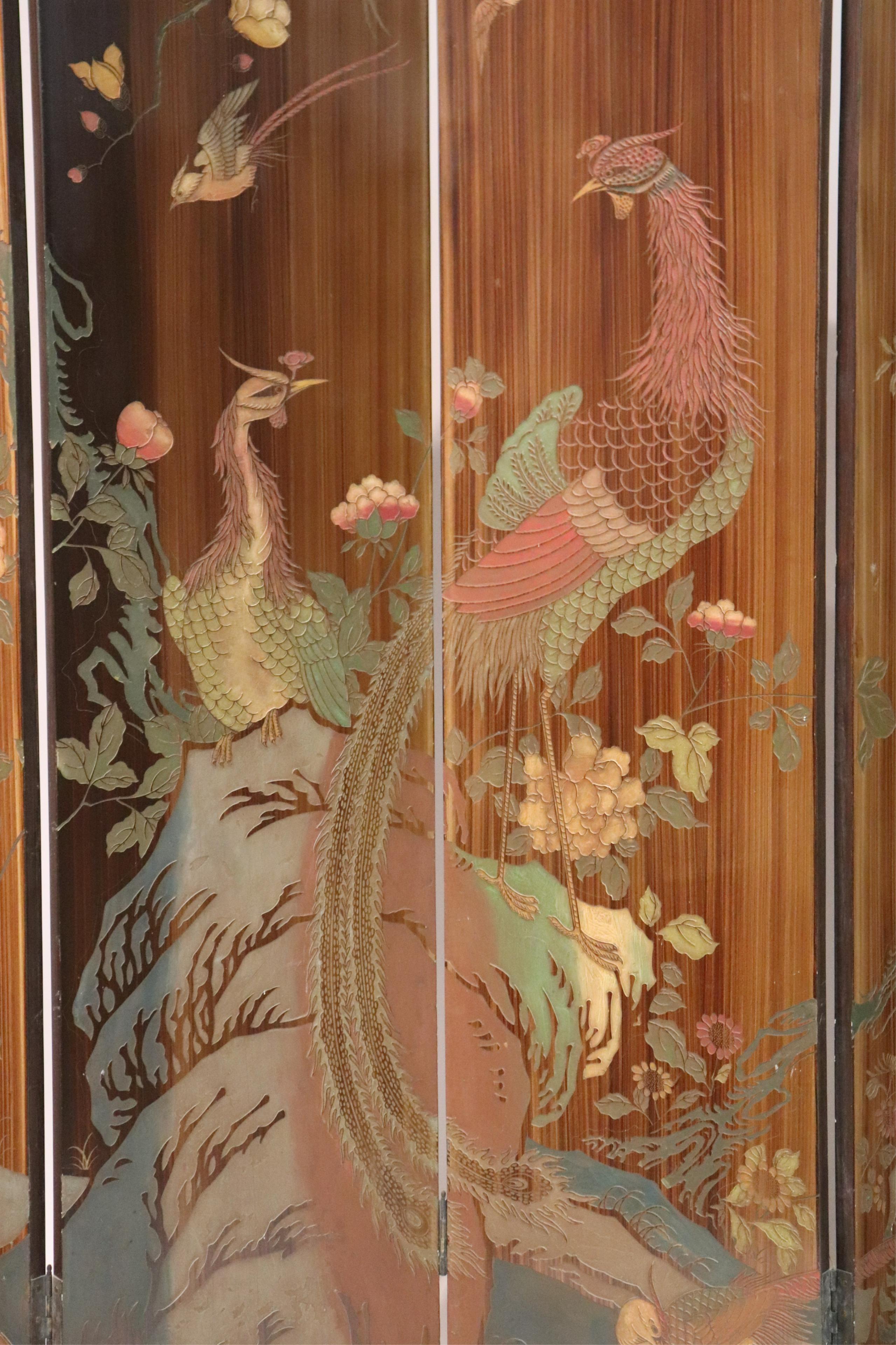 A large caramel hand painted, eight-panel, chinoiserie screen. Beautifully painted with birds and florals.