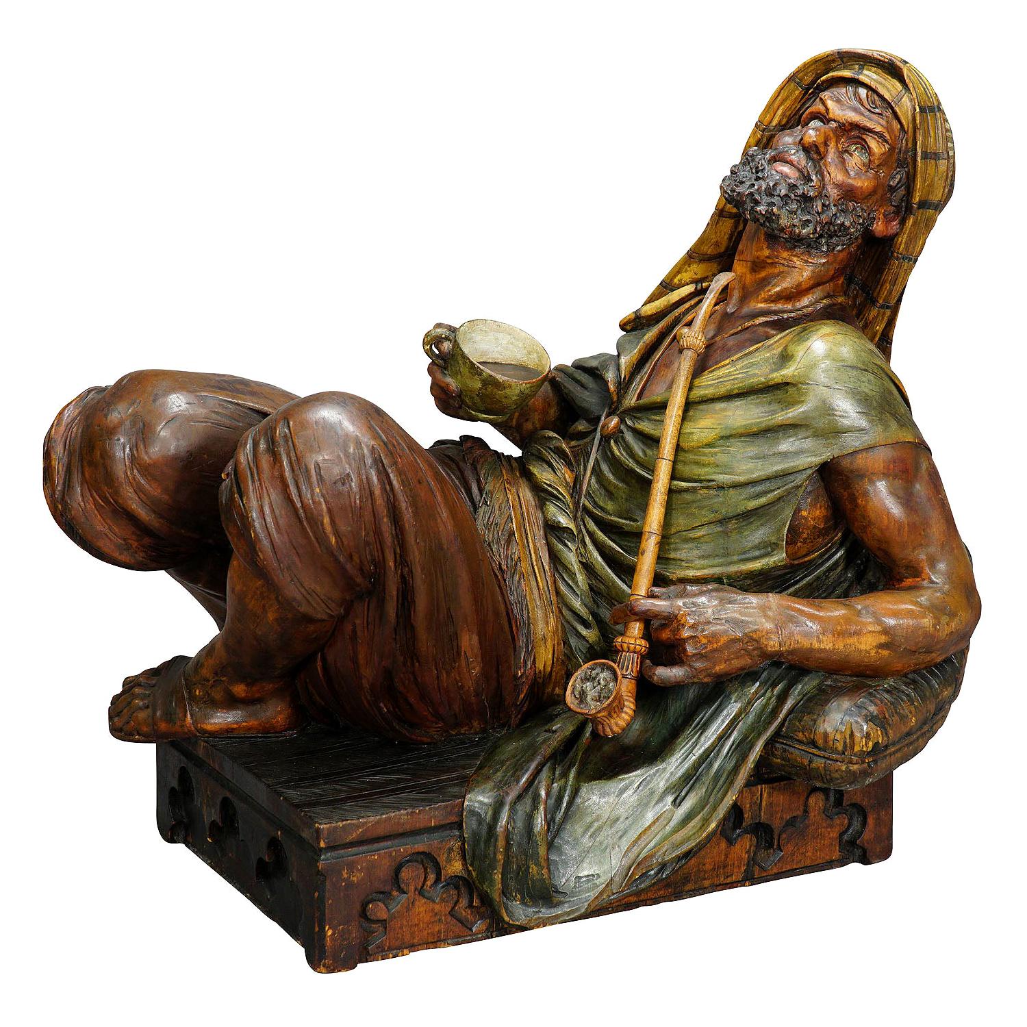 Large Carved Arab Sculpture with Coffee and Pipe, Vienna, circa 1900 For Sale