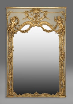 Large Carved Louis XV Style Parcel-Gilt and Painted Trumeau Mirror, circa 1890