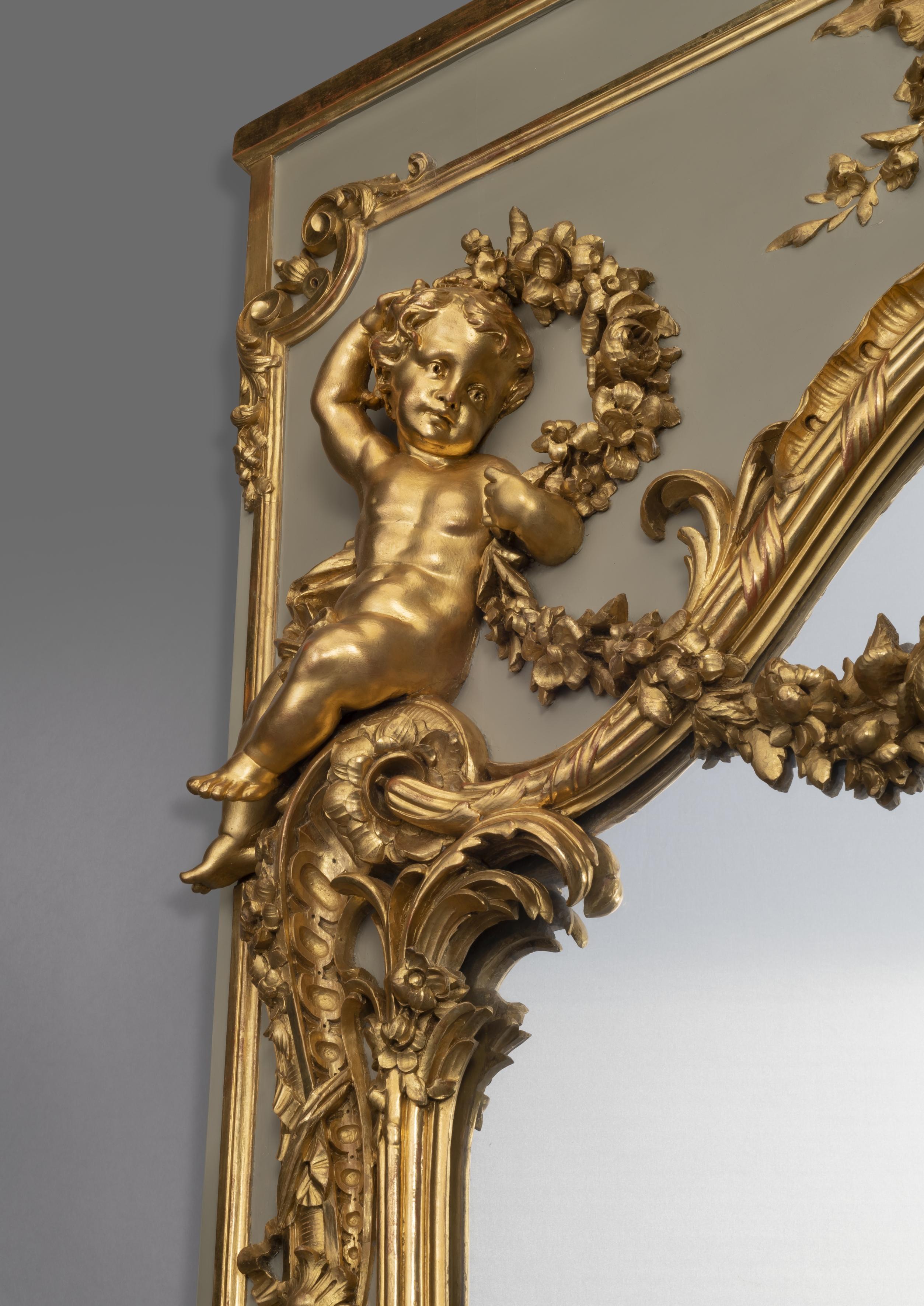 French Large Carved Louis XV Style Parcel-Gilt and Painted Trumeau Mirror, circa 1890 For Sale