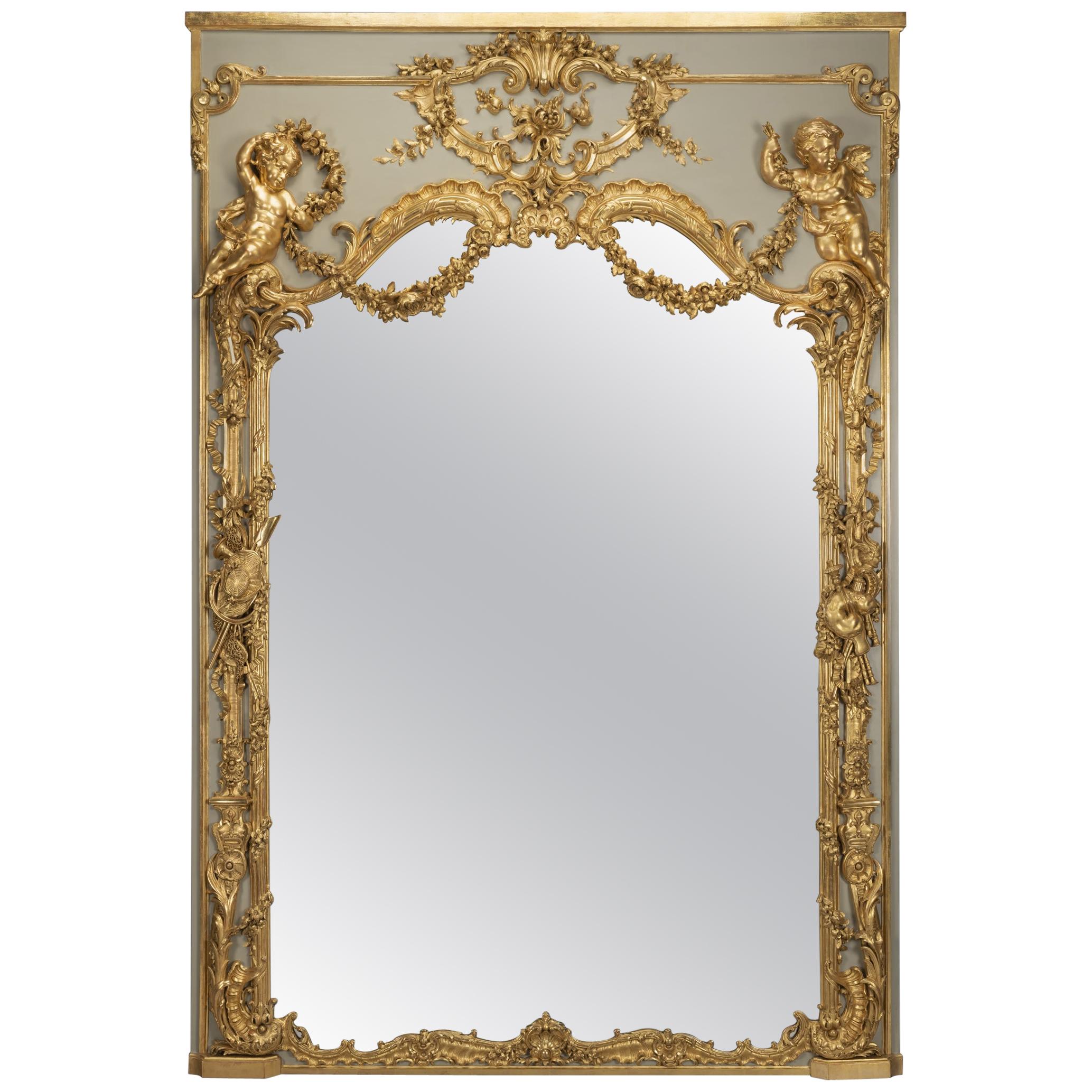 Large Carved Louis XV Style Parcel-Gilt and Painted Trumeau Mirror, circa 1890