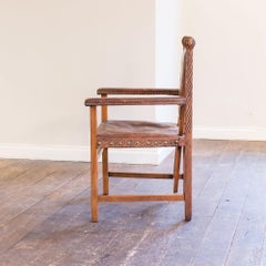 Large Carved Oak and Leather Elbow Chair Attributed to Georg Hulbe