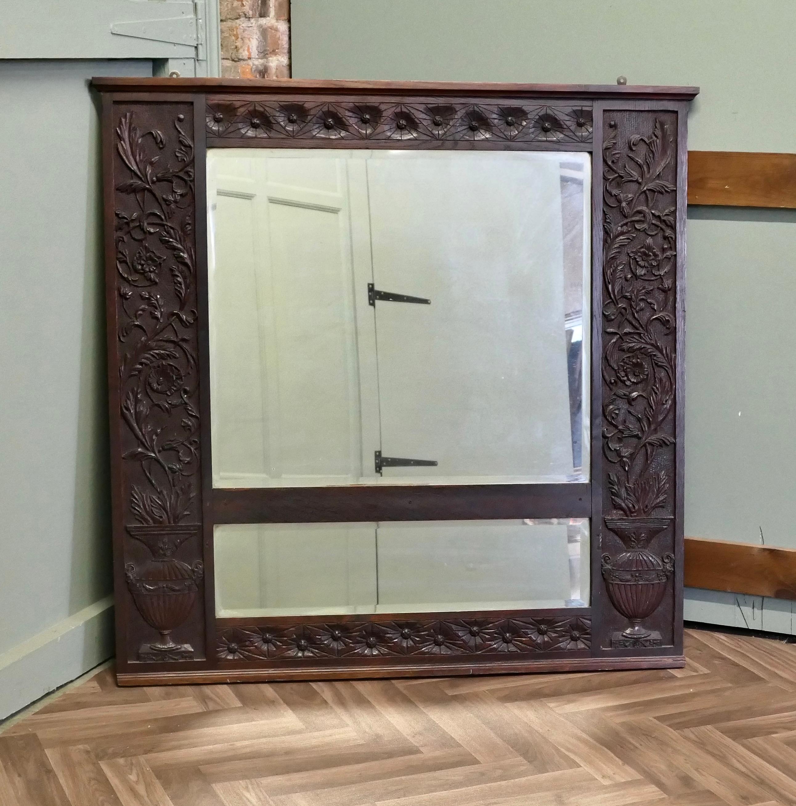 A Large Carved Oak Wall Mirror  The wide Oak Mirror Frame is Beautifully Carved For Sale 1