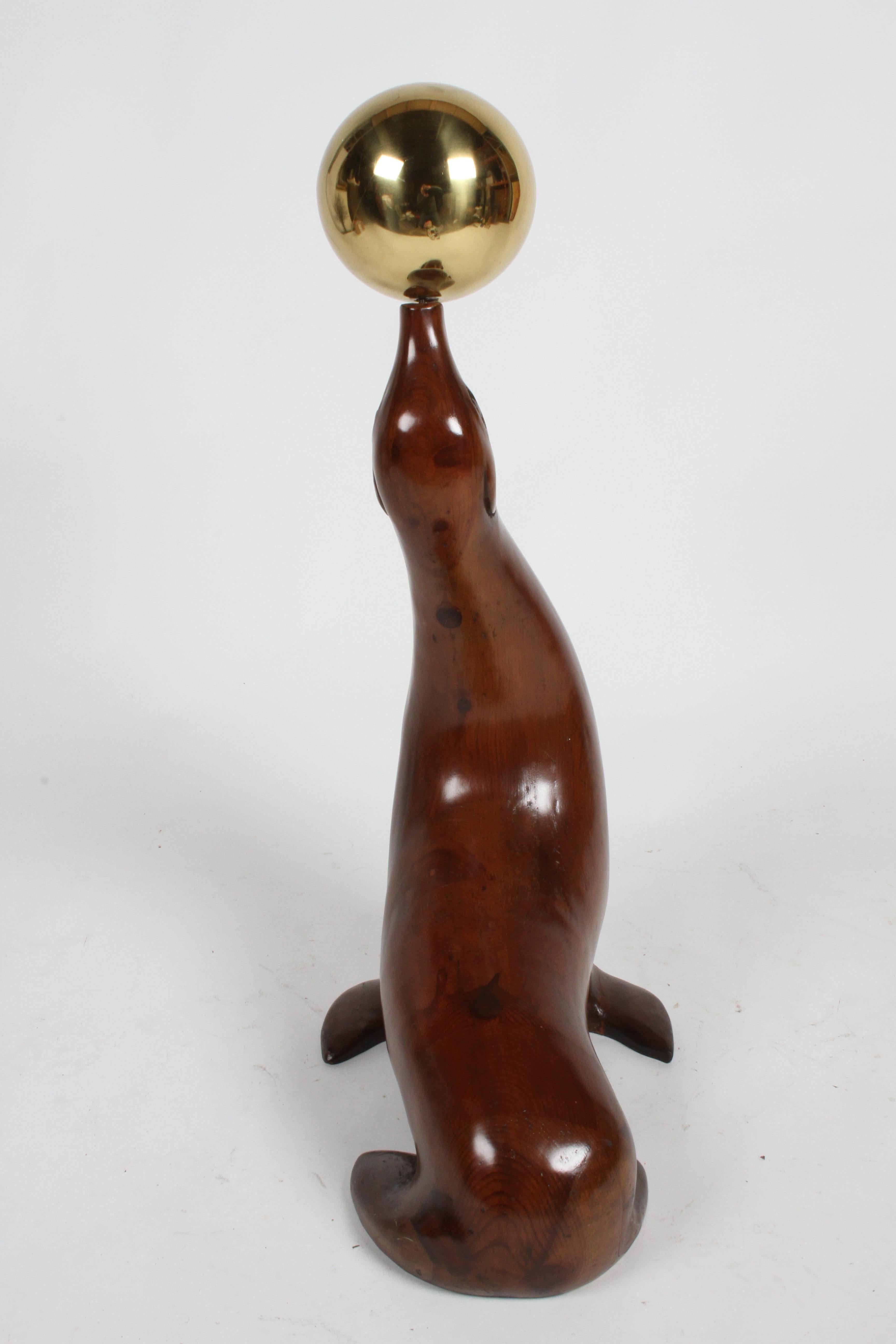 Large Carved Sculptural Sea Lion or Seal in Elmwood Balancing a Brass Ball For Sale 4