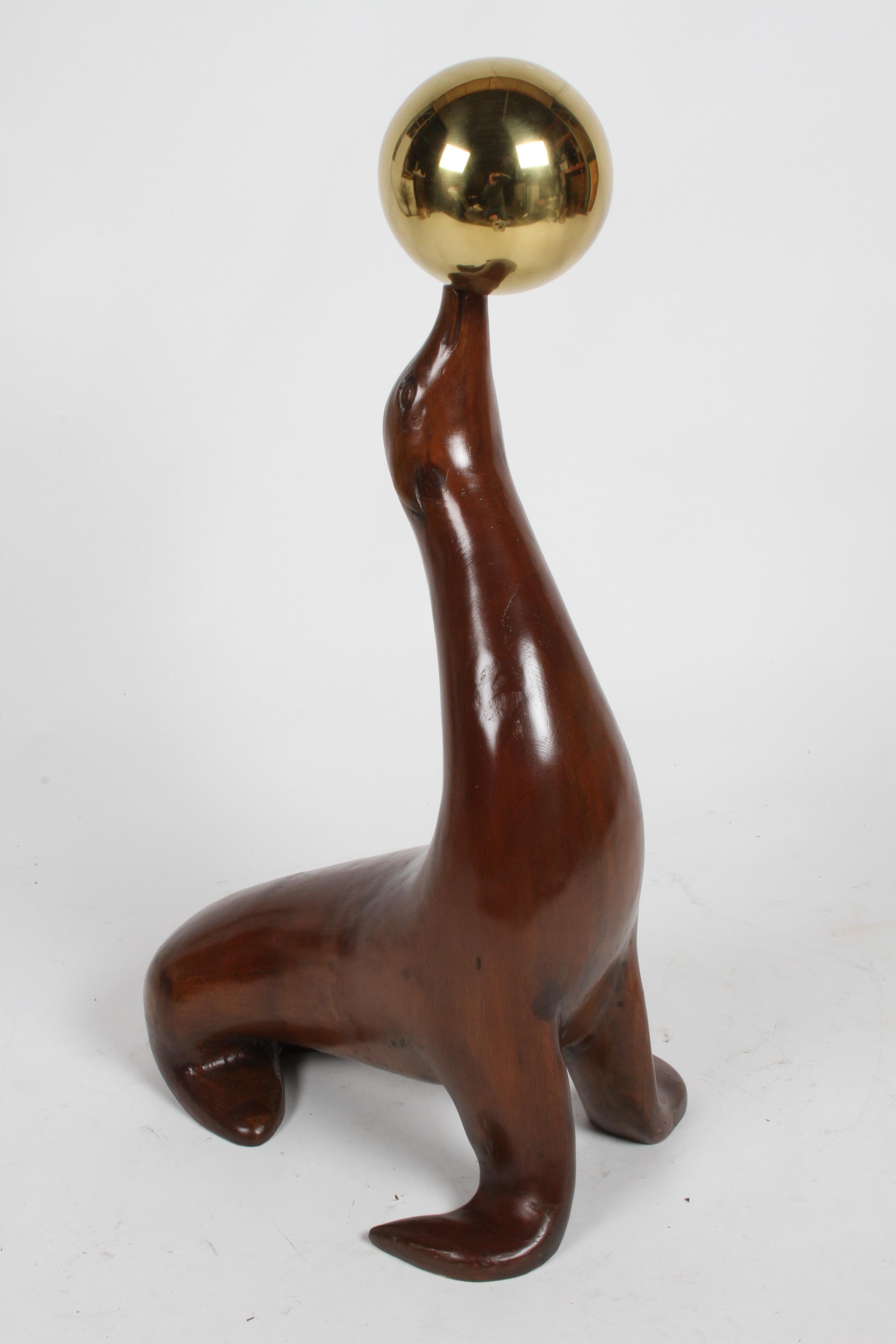 Large Carved Sculptural Sea Lion or Seal in Elmwood Balancing a Brass Ball For Sale 5