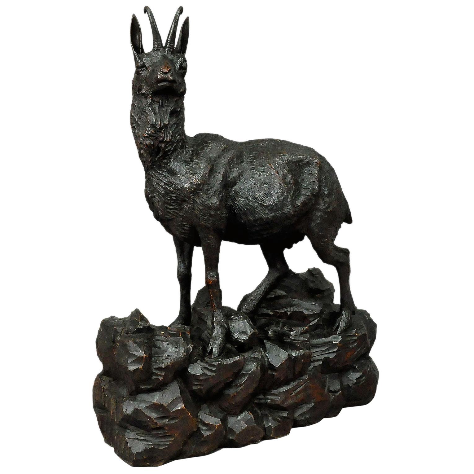 Large Carved Wood Chamois Sculpture, Black Forest, circa 1900
