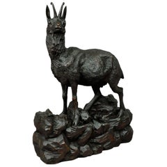 Antique Large Carved Wood Chamois Sculpture, Black Forest, circa 1900