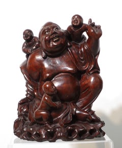 Large Carved Wood Happy Buddha with 3 Kids