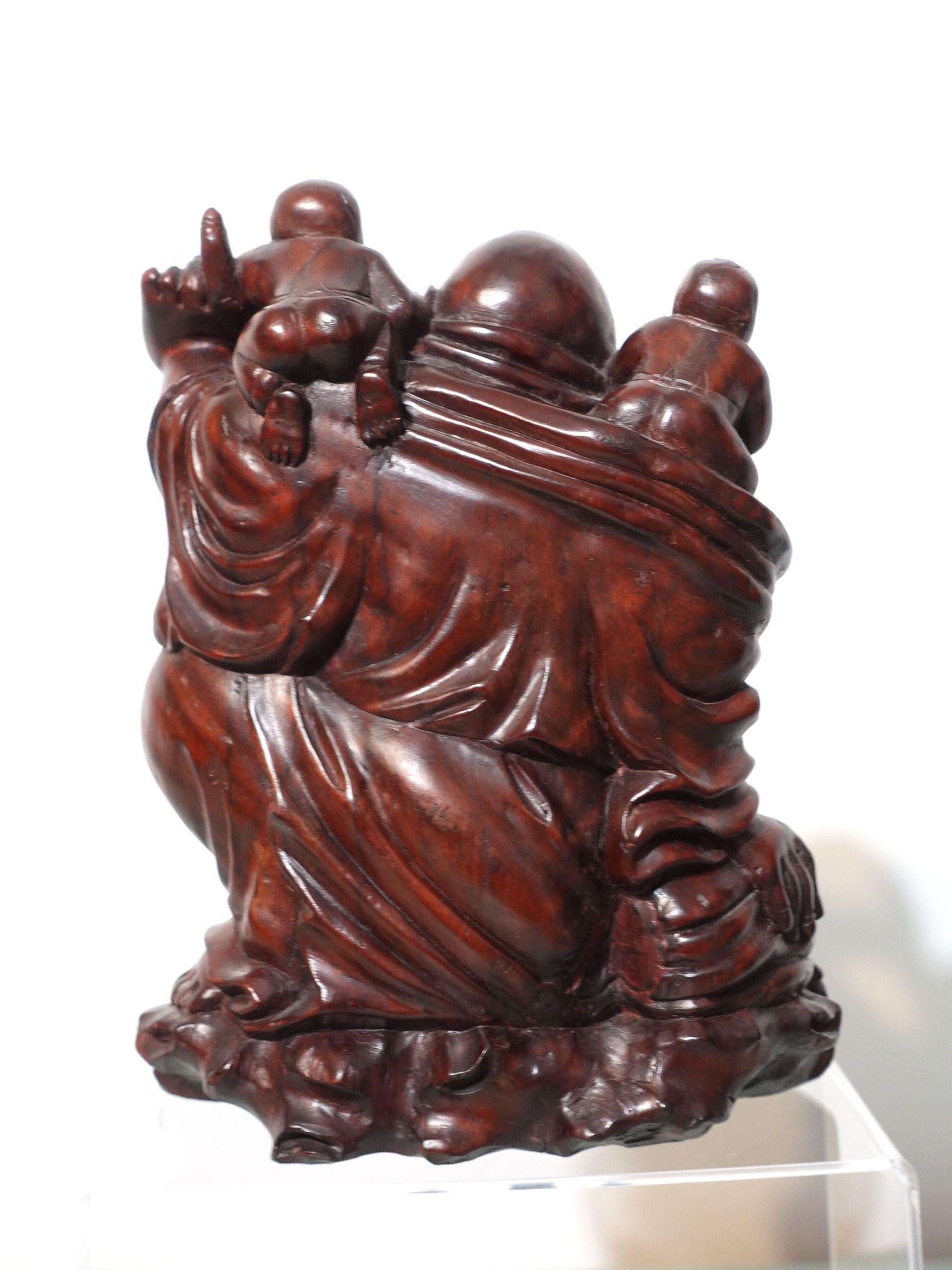 Hand-Carved Large Carved Wood Happy Buddha with 3 Kids For Sale