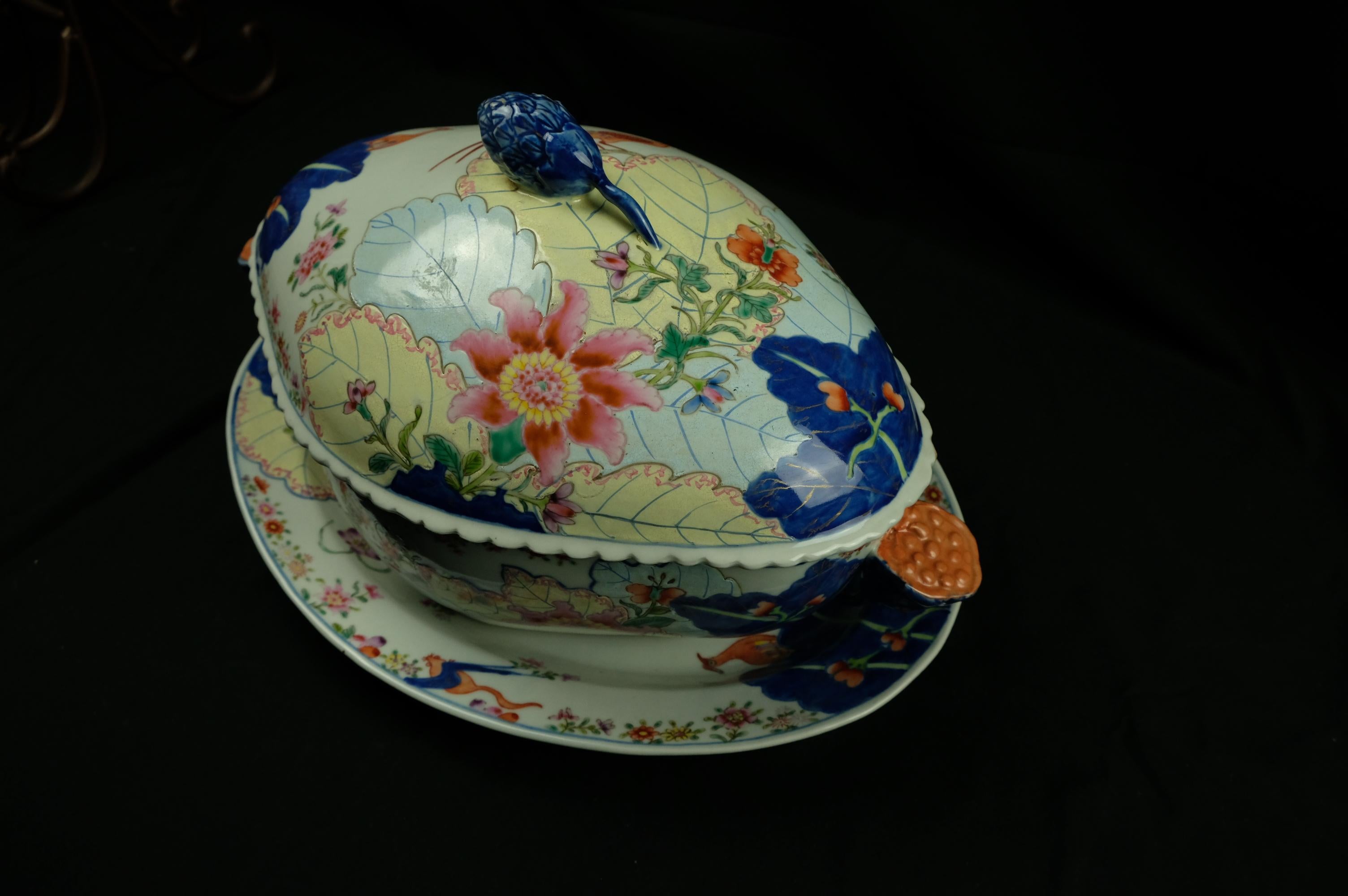 Large Chinese Antique Famille Rose Tobacco Leaf Porcelain Tureen & Platter 9