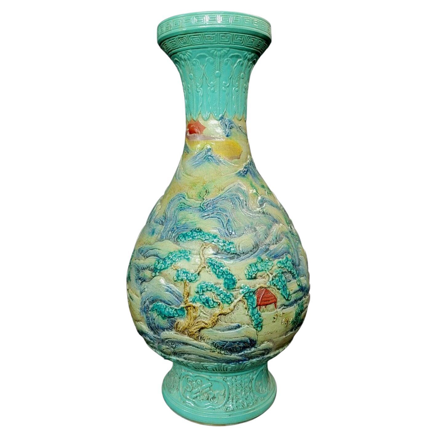 Large Chinese Carved Pear Shape Landscape Vase For Sale