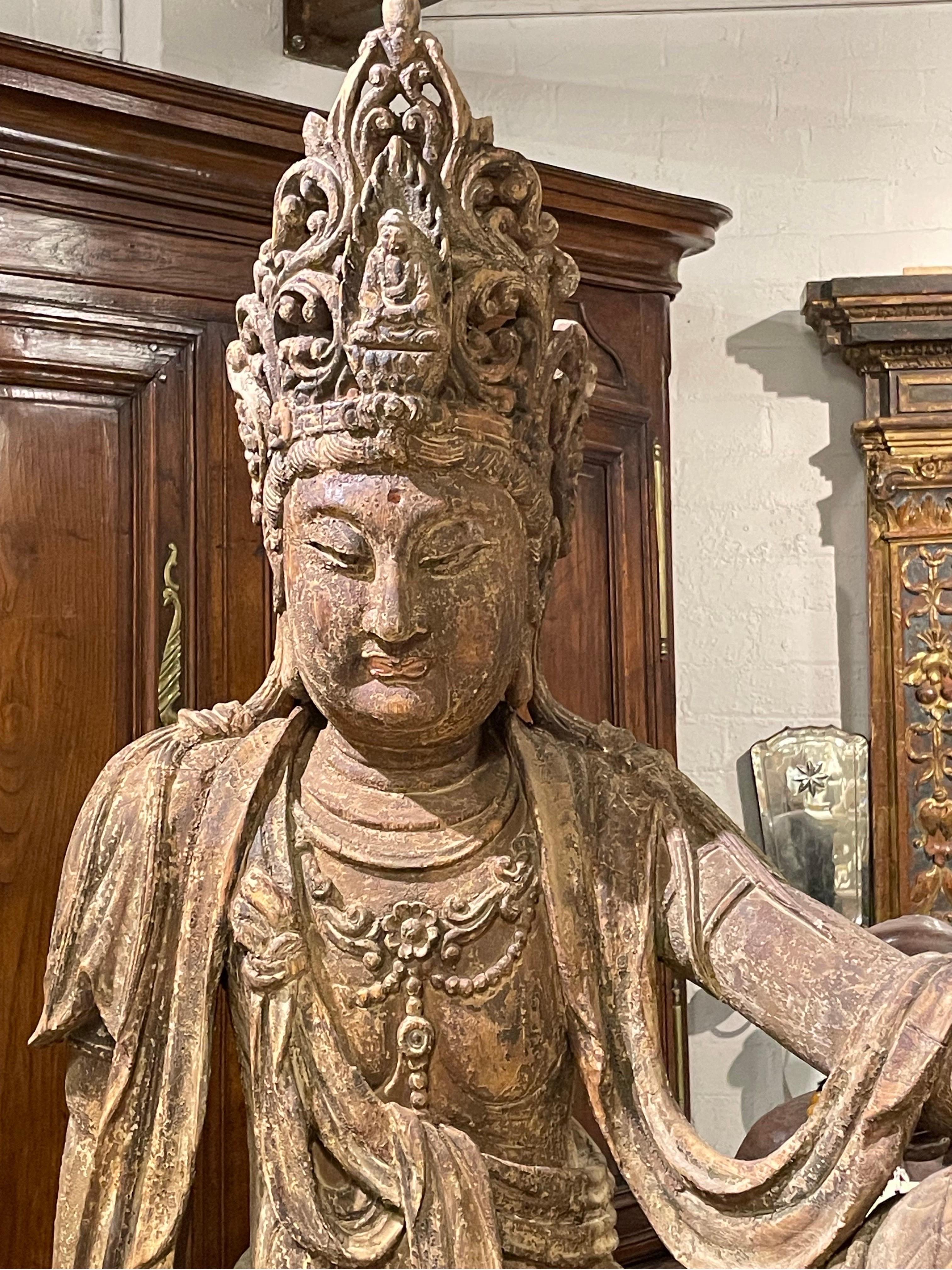 Hand-Carved A Large Chinese Carved Wood Figure of Guanyin, Late Qing Dynasty For Sale
