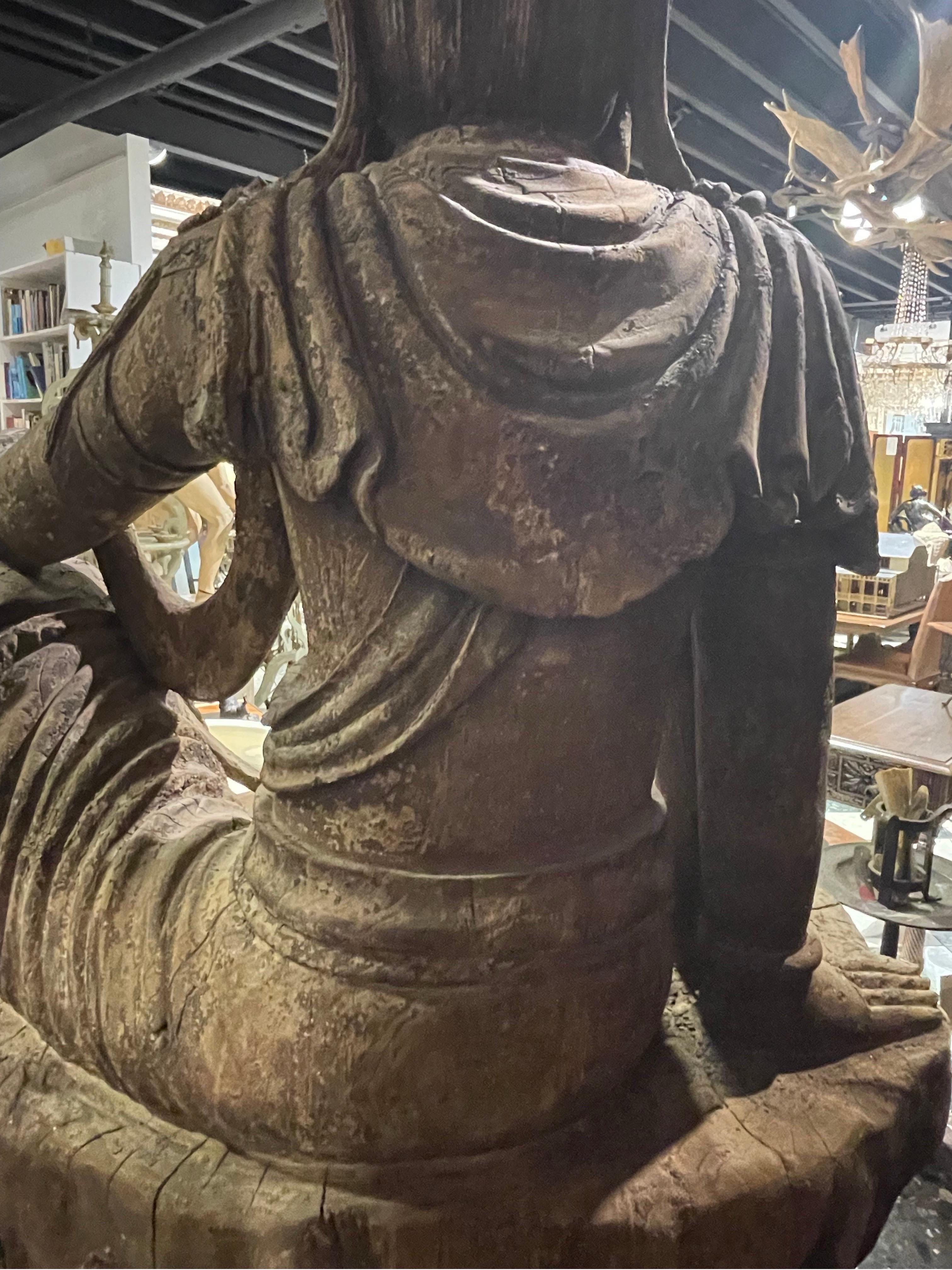 19th Century A Large Chinese Carved Wood Figure of Guanyin, Late Qing Dynasty For Sale