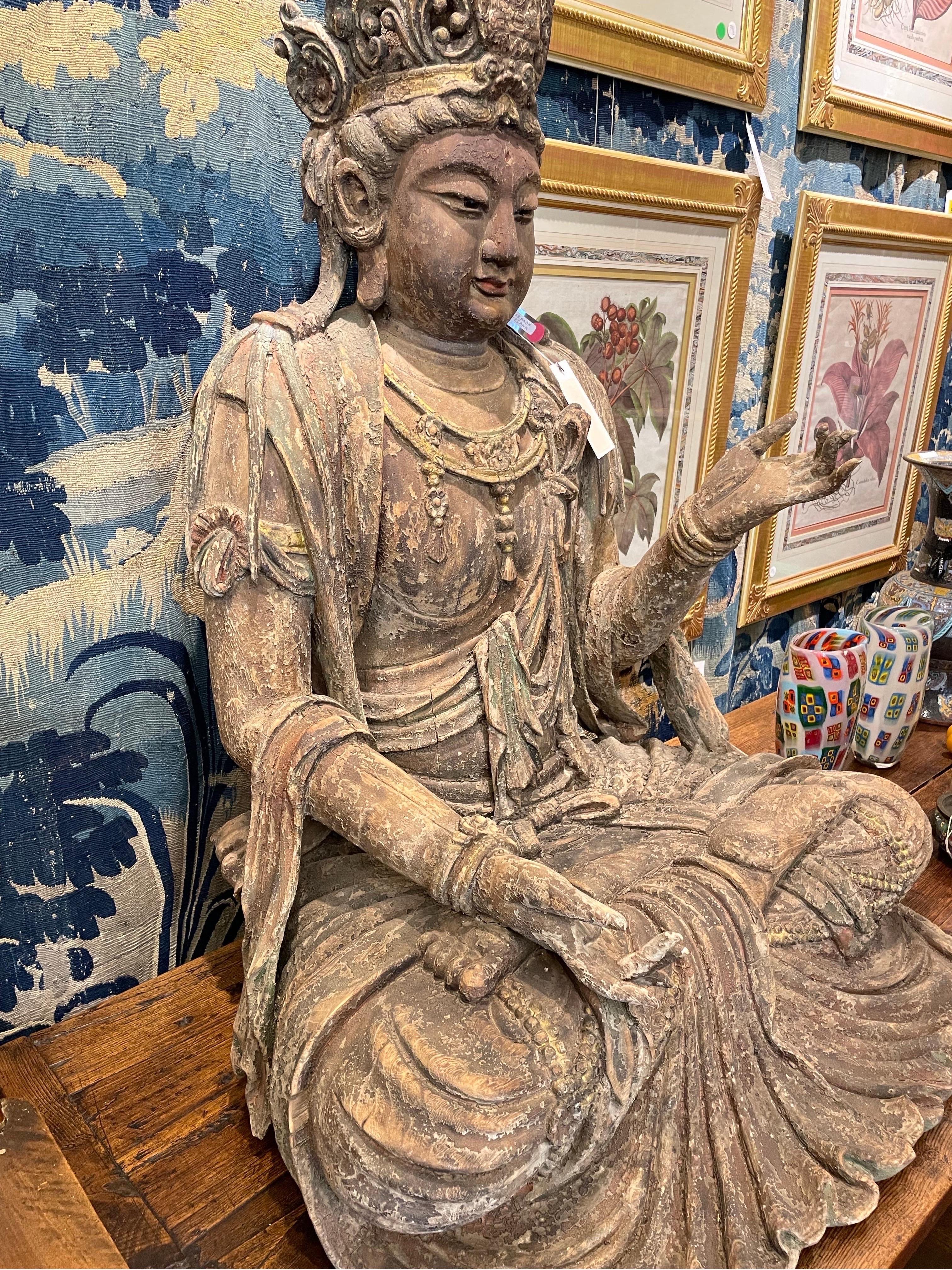 19th Century A Large Chinese Carved Wood Figure of Guanyin, Late Qing Dynasty For Sale