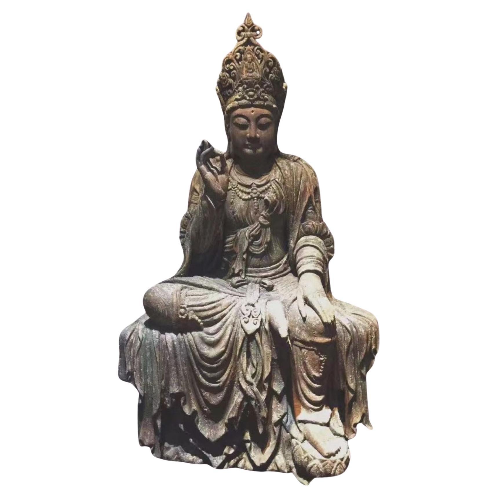 A Large Chinese Carved Wood Figure of Guanyin, Late Qing Dynasty
