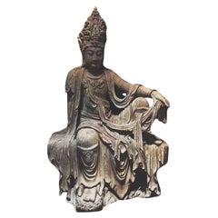 A Large Chinese Carved Wood Figure of Guanyin, Late Qing Dynasty