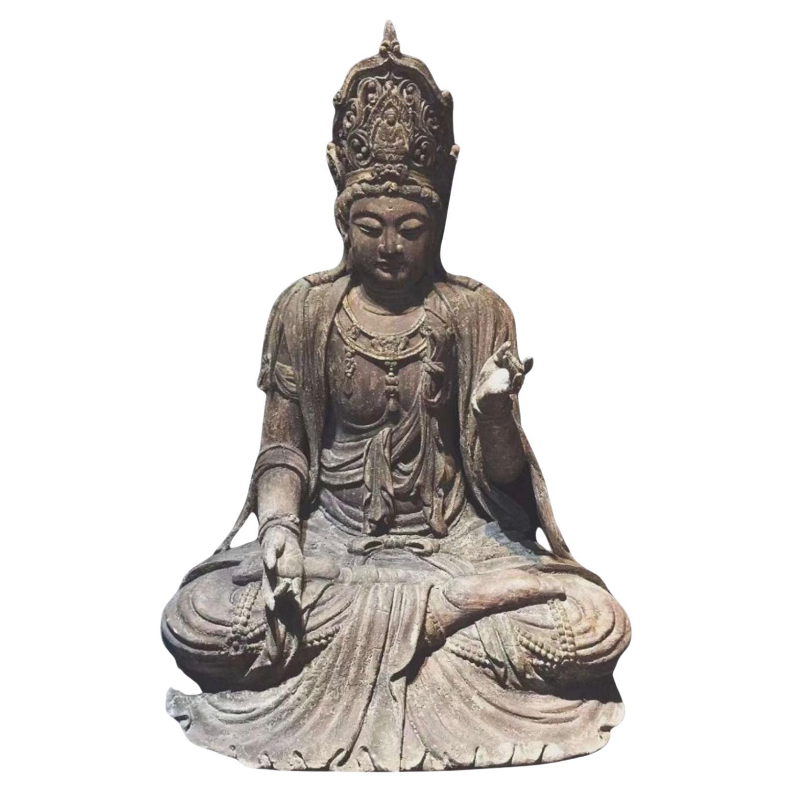 A Large Chinese Carved Wood Figure of Guanyin, Late Qing Dynasty