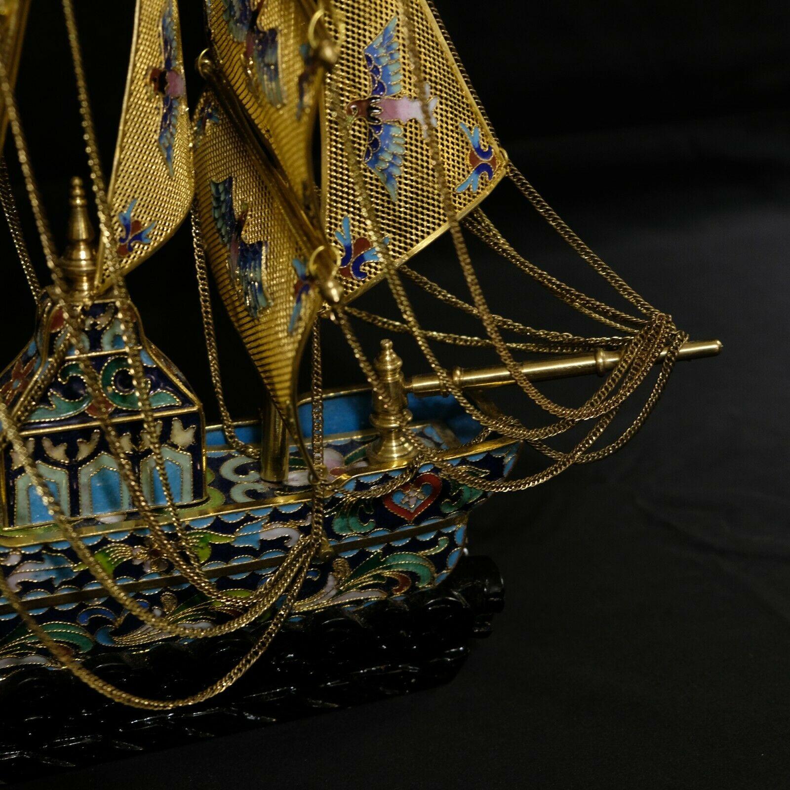 Chinese Export Large Chinese Cloisonné Enamel Filligree and Gilt Boat For Sale