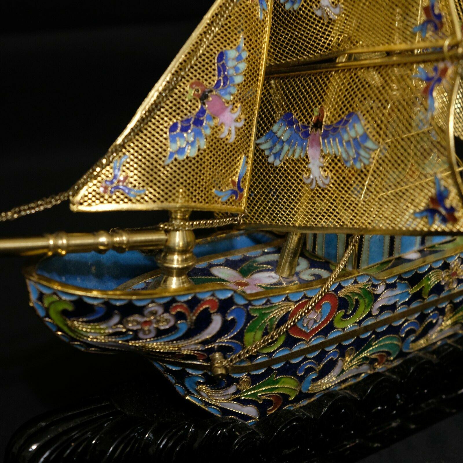 Large Chinese Cloisonné Enamel Filligree and Gilt Boat In Good Condition For Sale In Norton, MA