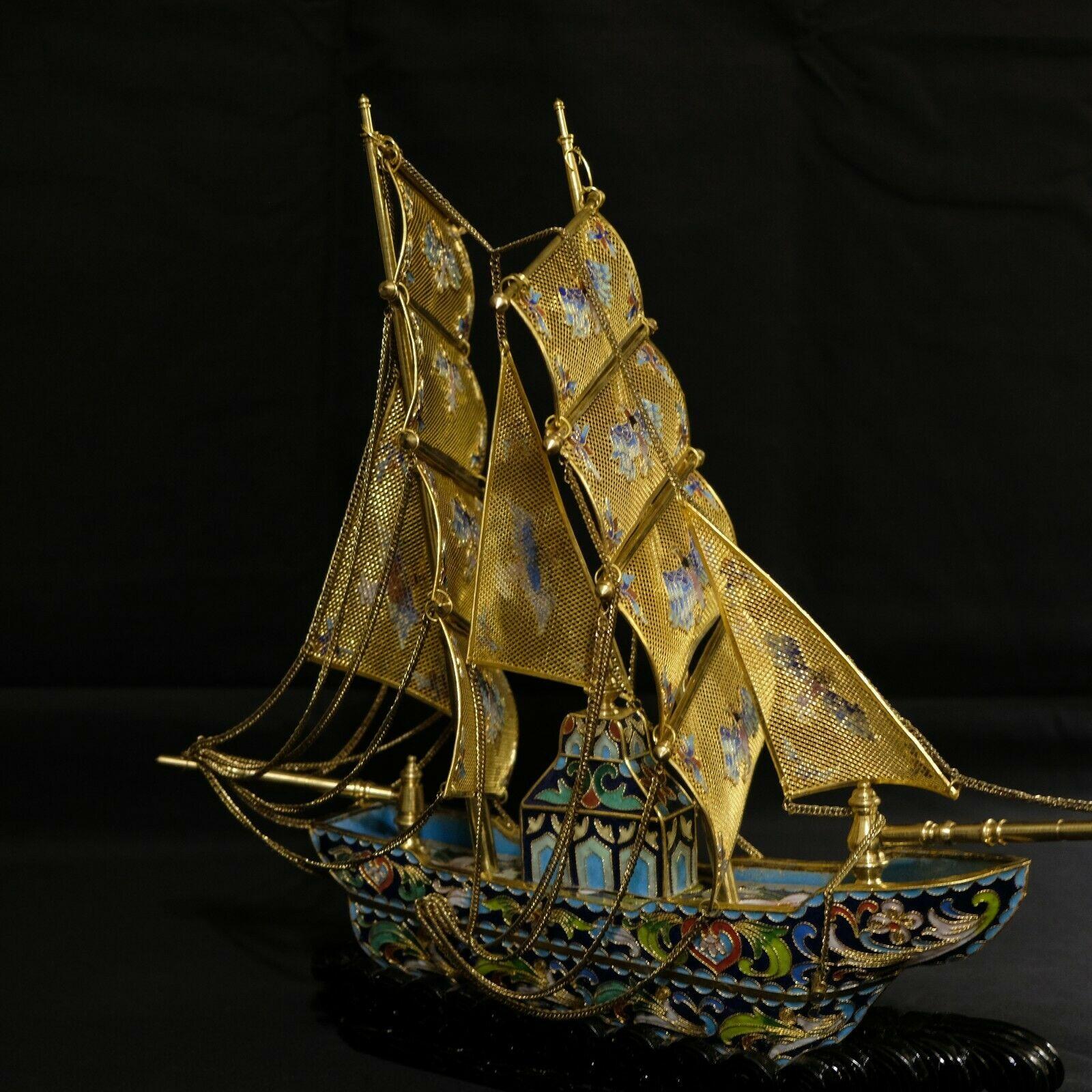 20th Century Large Chinese Cloisonné Enamel Filligree and Gilt Boat For Sale