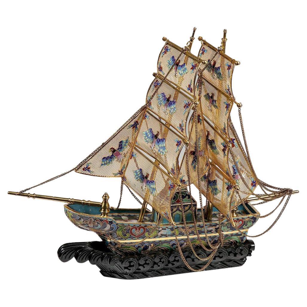 Large Chinese Cloisonné Enamel Filligree and Gilt Boat For Sale