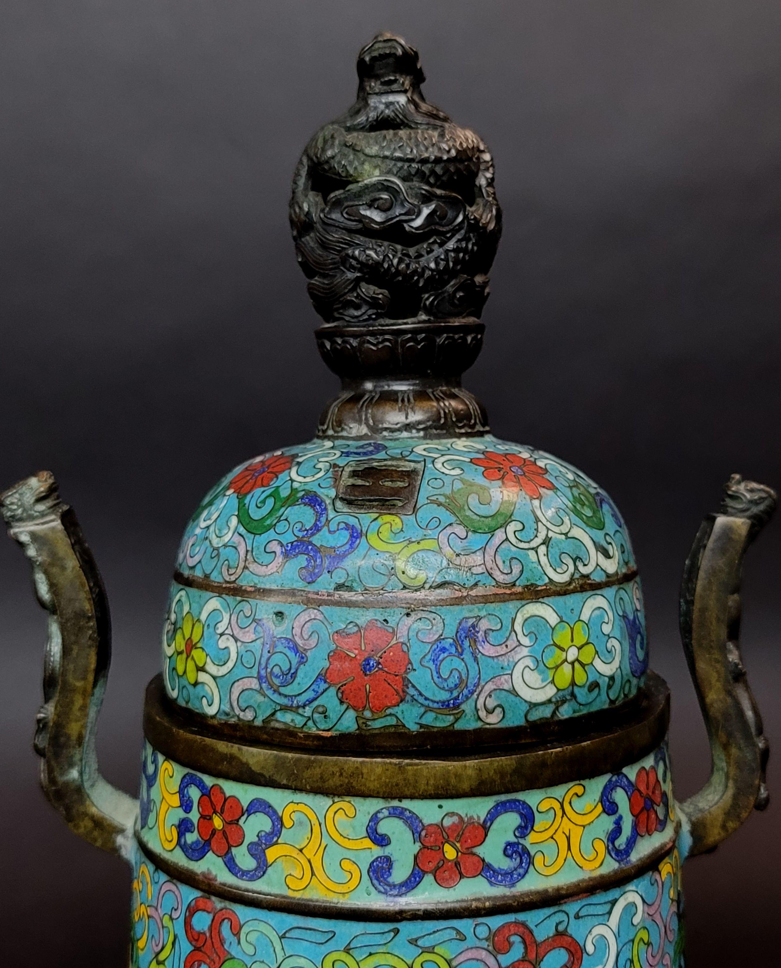 Chinese Export Large Chinese Cloisonné Tripod Incense Buner For Sale