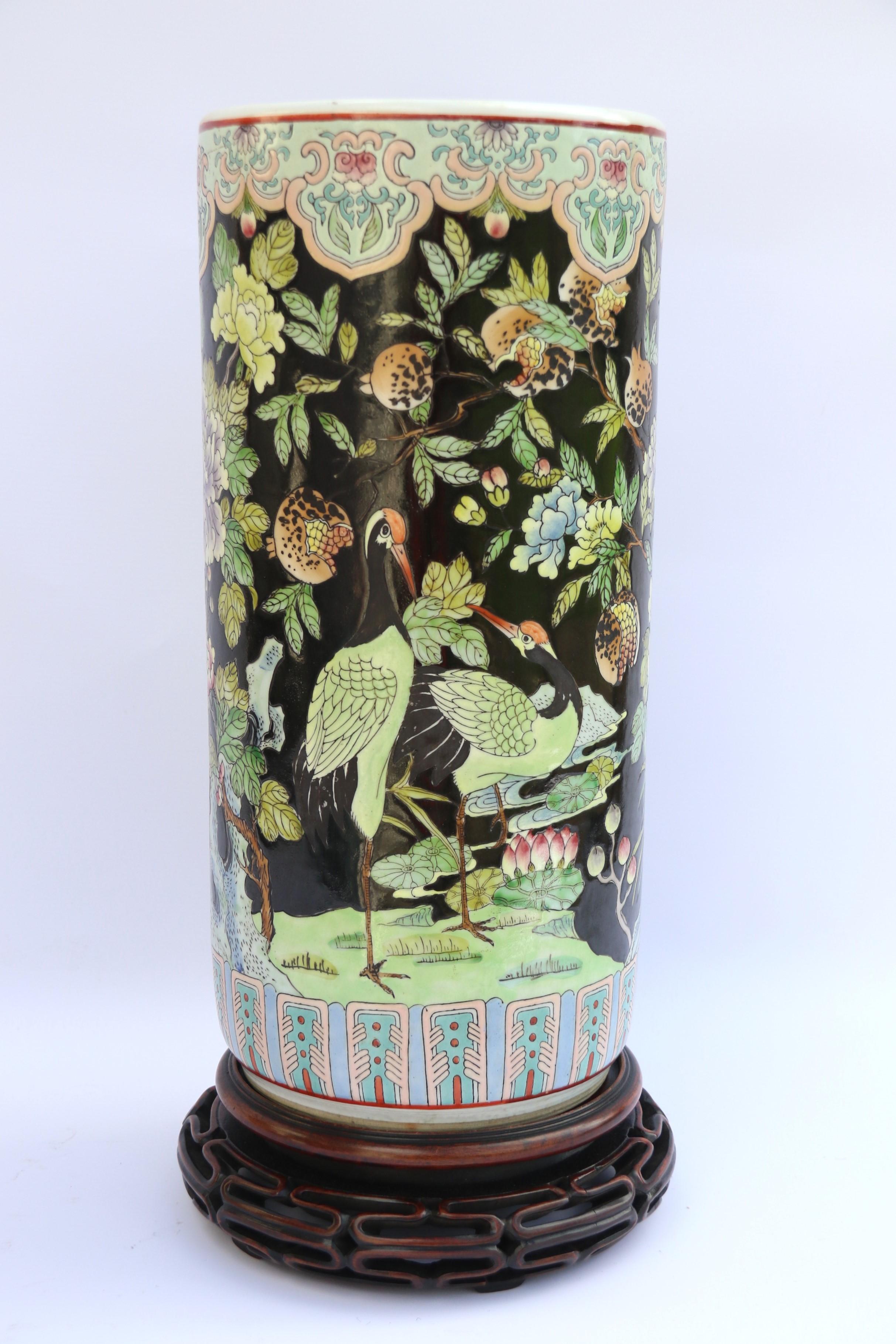 Chinese Export A large Chinese famille noire porcelain vase and original hardwood stand. For Sale