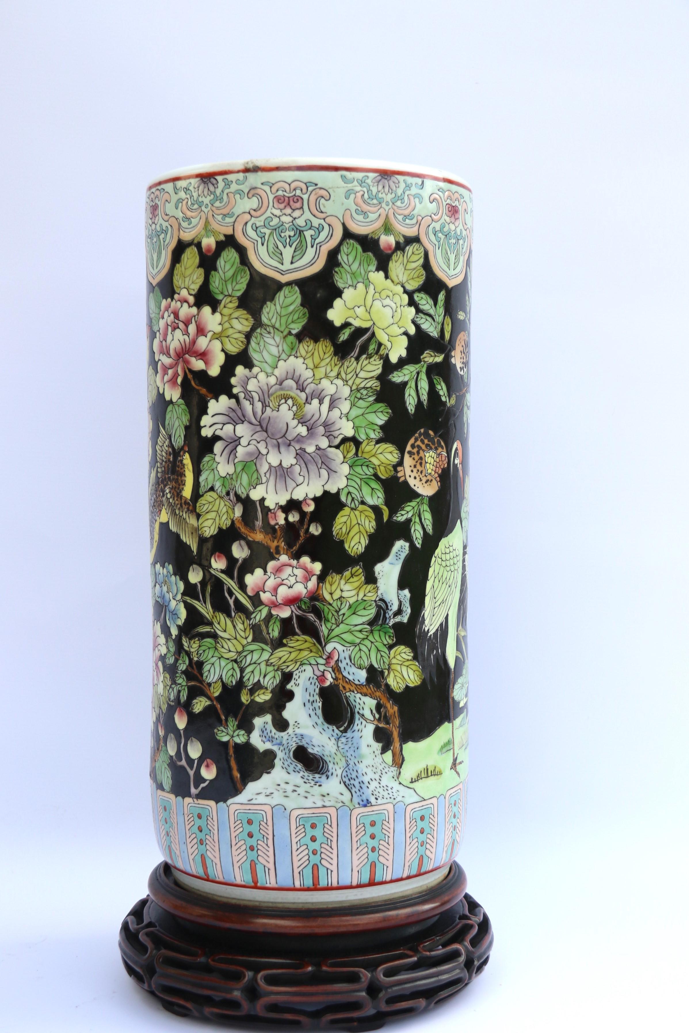 Hand-Painted A large Chinese famille noire porcelain vase and original hardwood stand. For Sale
