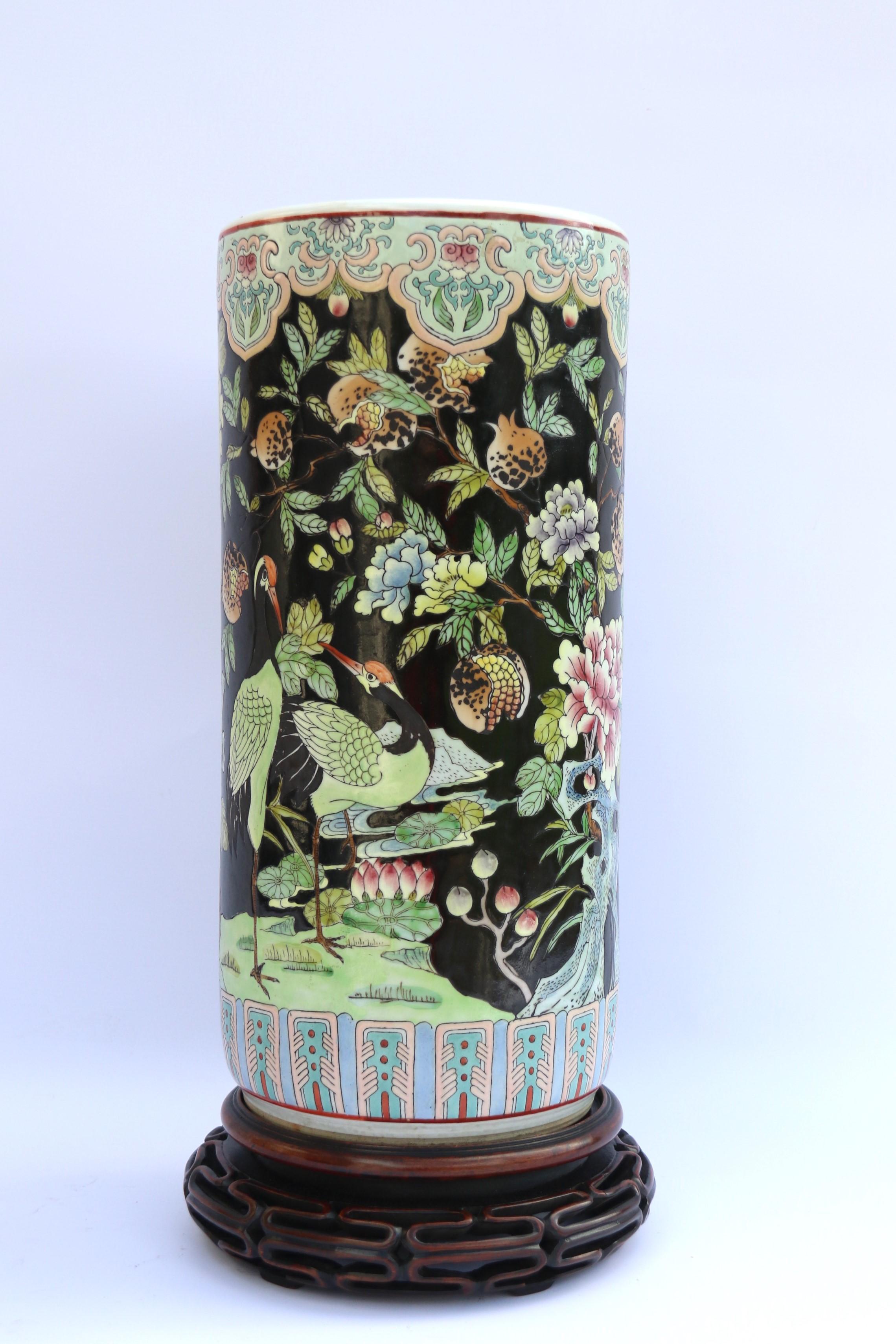 20th Century A large Chinese famille noire porcelain vase and original hardwood stand. For Sale
