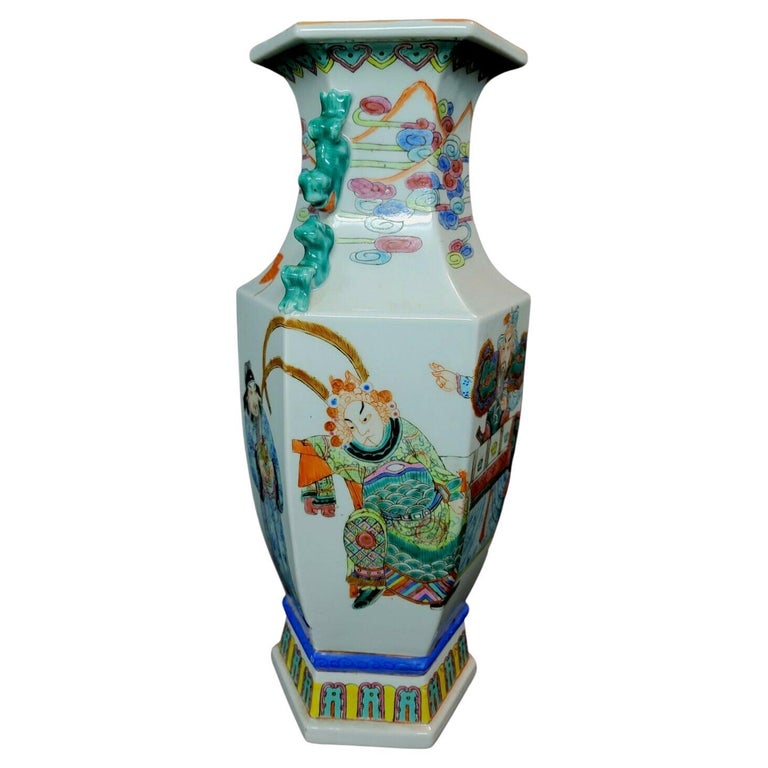 Large Chinese Hexagonal Vase with Handles For Sale at 1stDibs