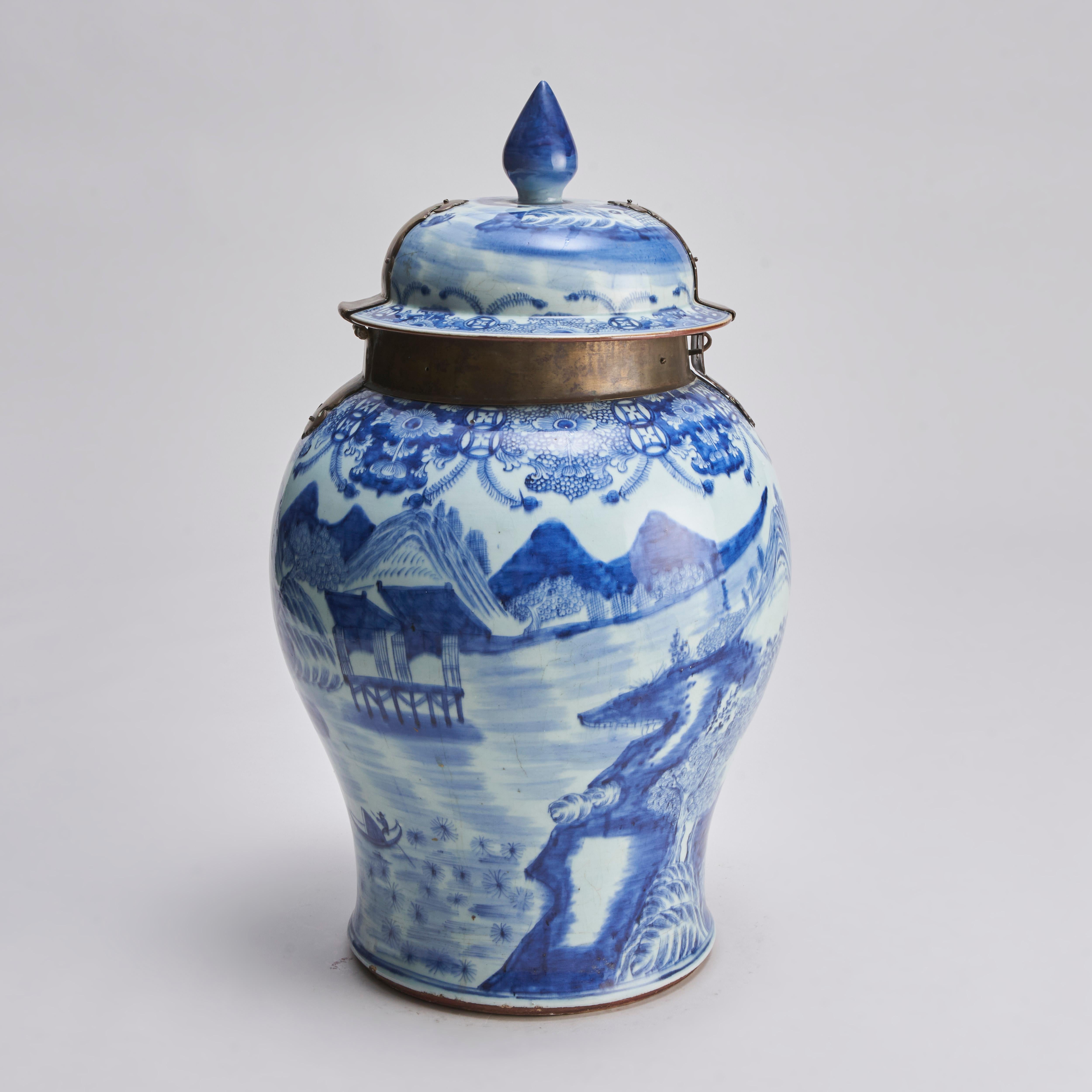 Porcelain A large, Chinese porcelain Blue and White Temple jar and cover (18th Century) For Sale