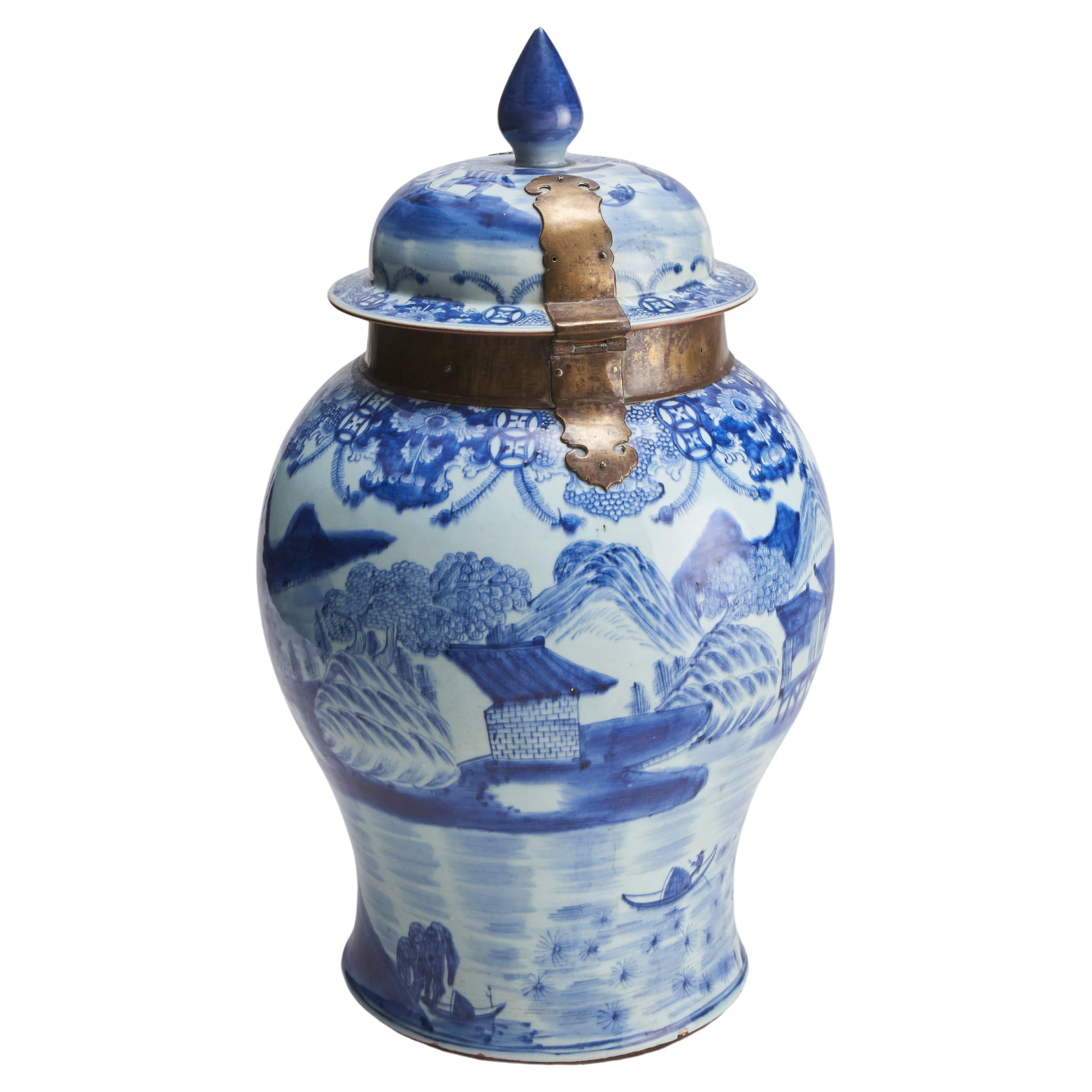 A large, Chinese porcelain Blue and White Temple jar and cover (18th Century) For Sale