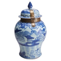 Antique A large, Chinese porcelain Blue and White Temple jar and cover (18th Century)