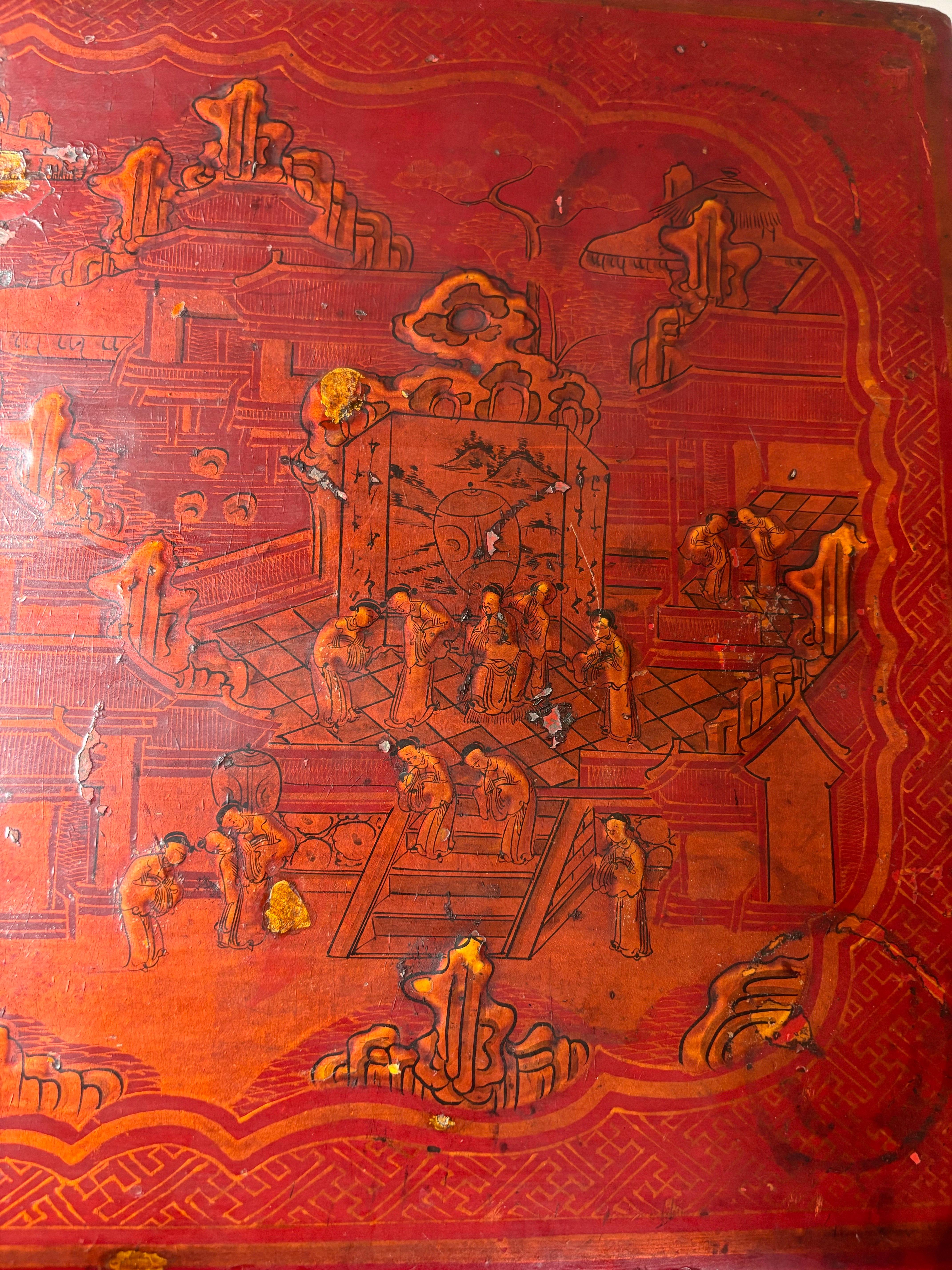 A Large Chinese Qing Dynasty gilt-decorated red lacquer box and cover im Angebot 13