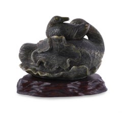 A Chinese Spinach Jade Duck Carving, Qing Dynasty