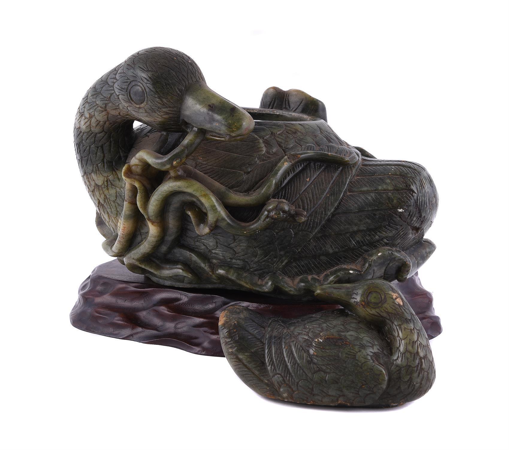 Hand-Carved A Chinese Spinach Jade Duck Carving, Qing Dynasty