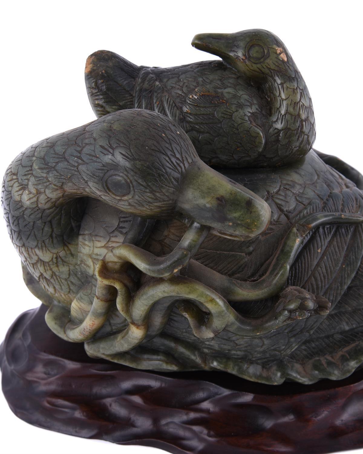 19th Century A Chinese Spinach Jade Duck Carving, Qing Dynasty