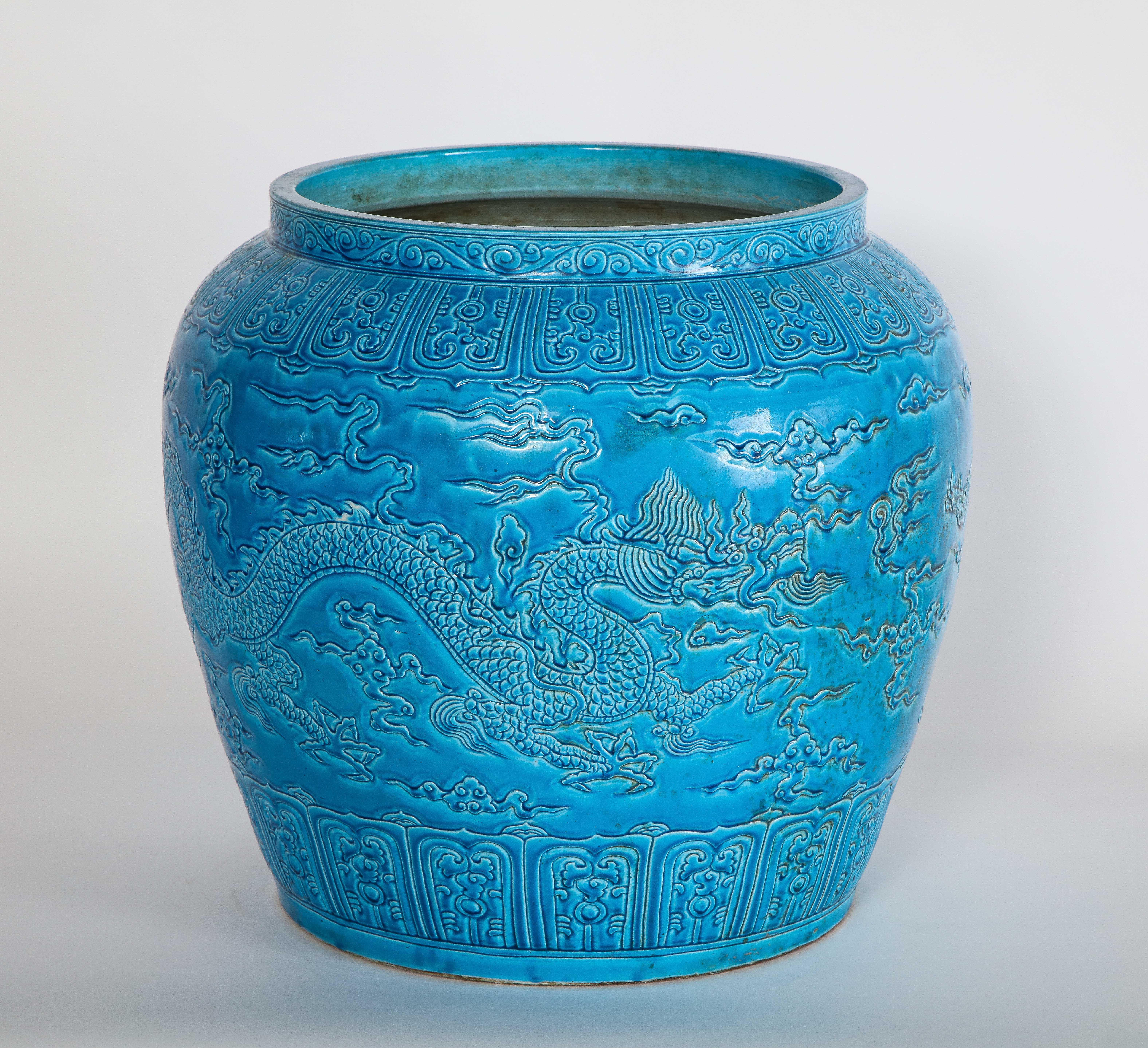 Hand-Carved Large Chinese Turquoise Blue Ground Five-Claw Dragon Planter/Jardinière