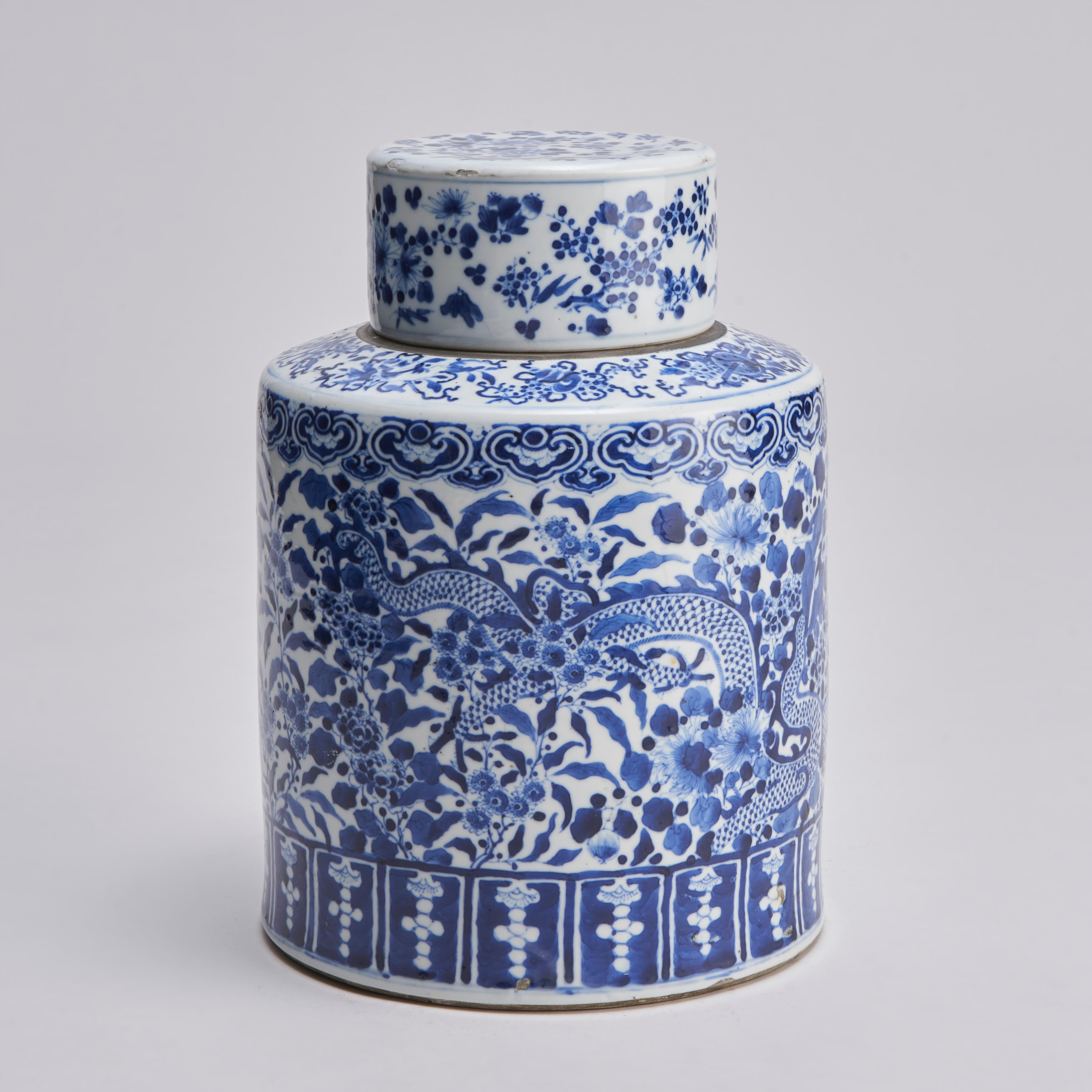 From our collection of antique Oriental porcelain this 19th century Chinese blue and white cannister with decorations of dragons on a floral and foliate ground with Ruyi borders and matched lid.

Contact us for additional images or to arrange a
