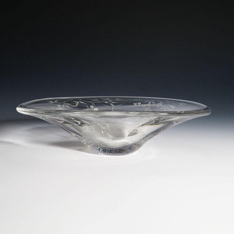 Large Clear Glass Bowl with Engraved Japanese Decor by Lindfors, circa