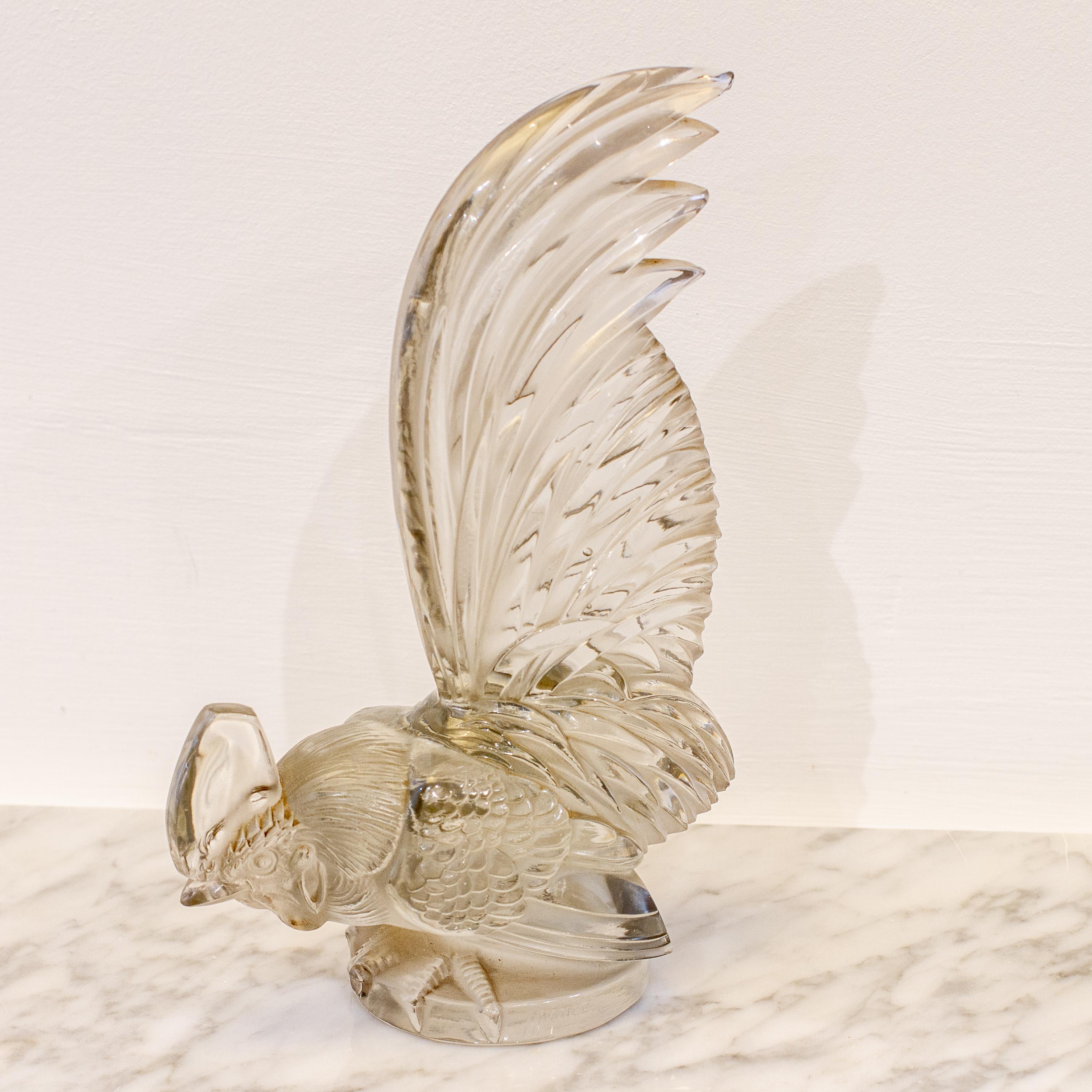 Large Clear Glass Rooster Car Mascot 'Coq Nain' by René Lalique, circa 1928 In Good Condition In Donhead St Mary, Wiltshire