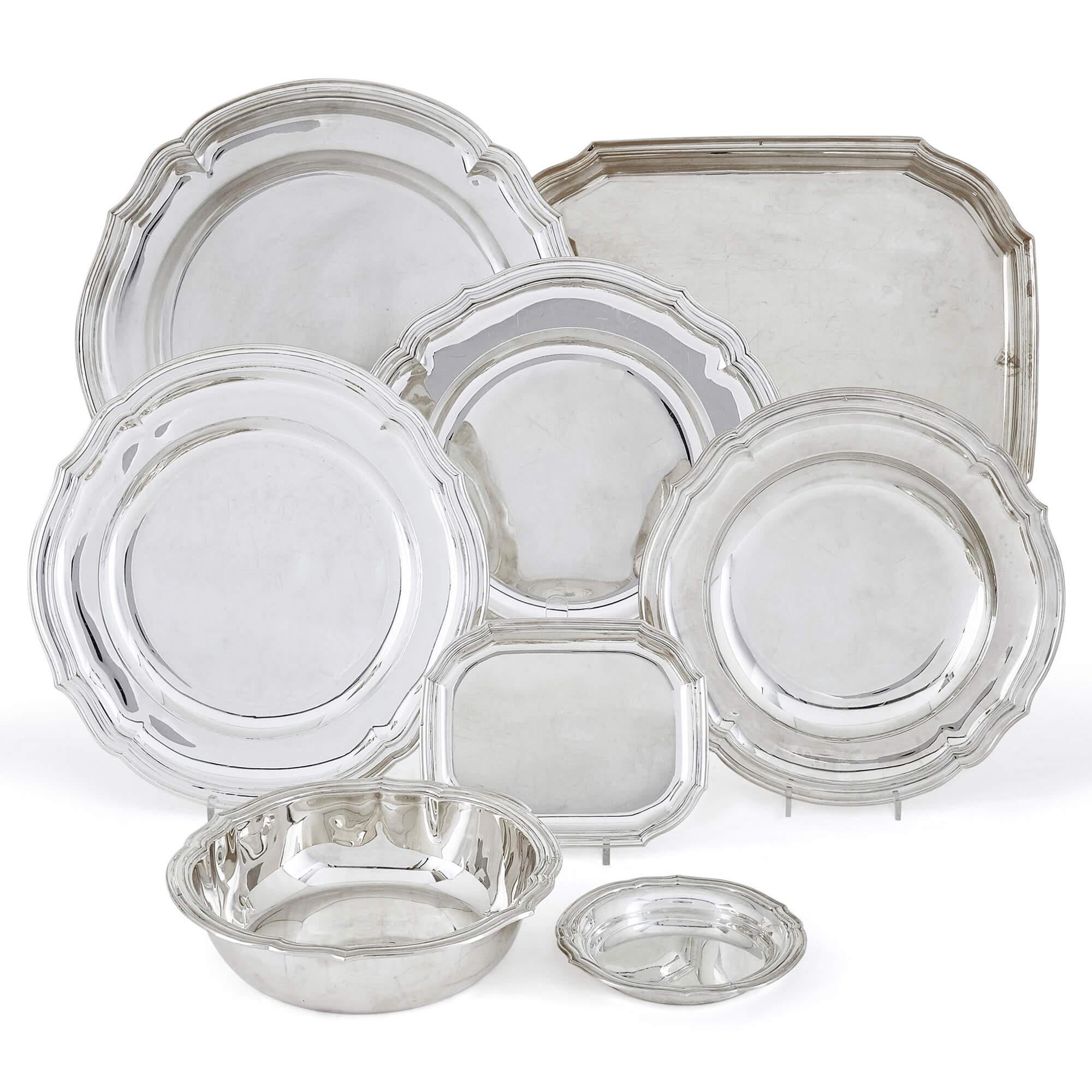 A large collection of silverware by Tétard Frères
French, Early 20th century
Total weight: 29,400 grams
Measures: Large trays: height 2cm, width 50cm, depth 40cm
Small cups: height 5cm, diameter 5cm

This extensive collection of very fine