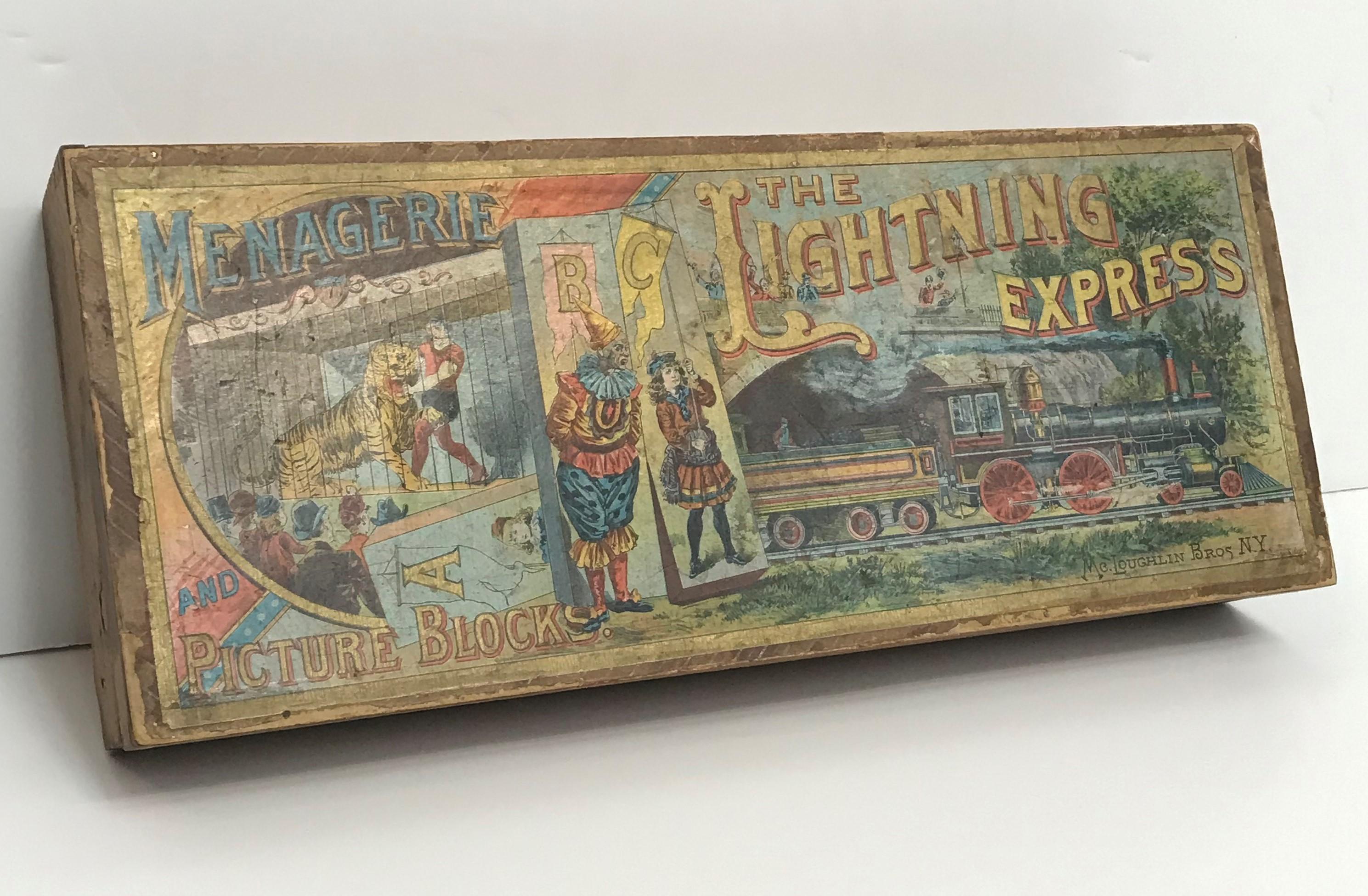A large and complete set of Picture Blocks from the McLoughlin Brothers Company circa 1892 in original presentation box The set titled Menagerie and The Lightning Express features twelve heavy cardboard blocks printed with different themes on each