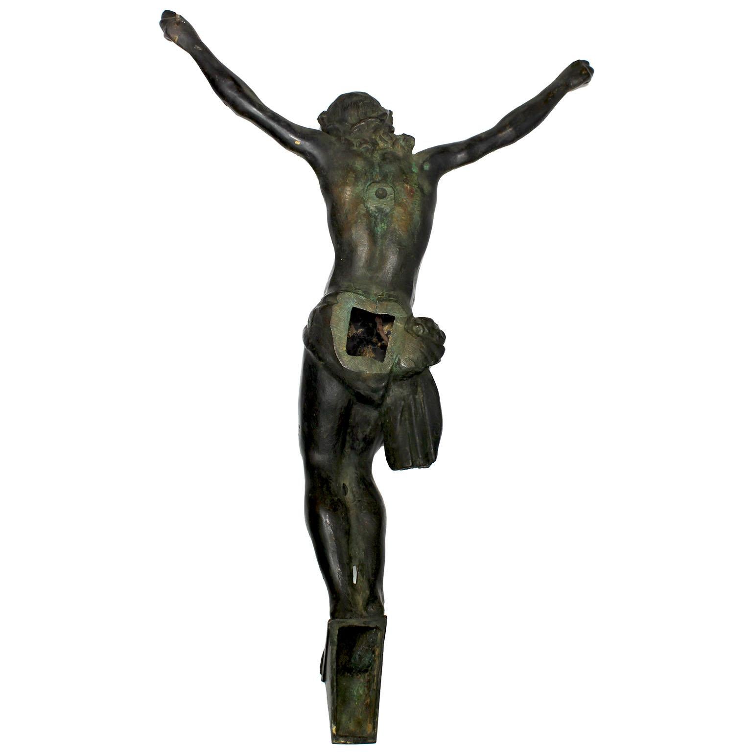 Large Continental 19th Century Giltwood Carved and Patinated Bronze Crucifix For Sale 8