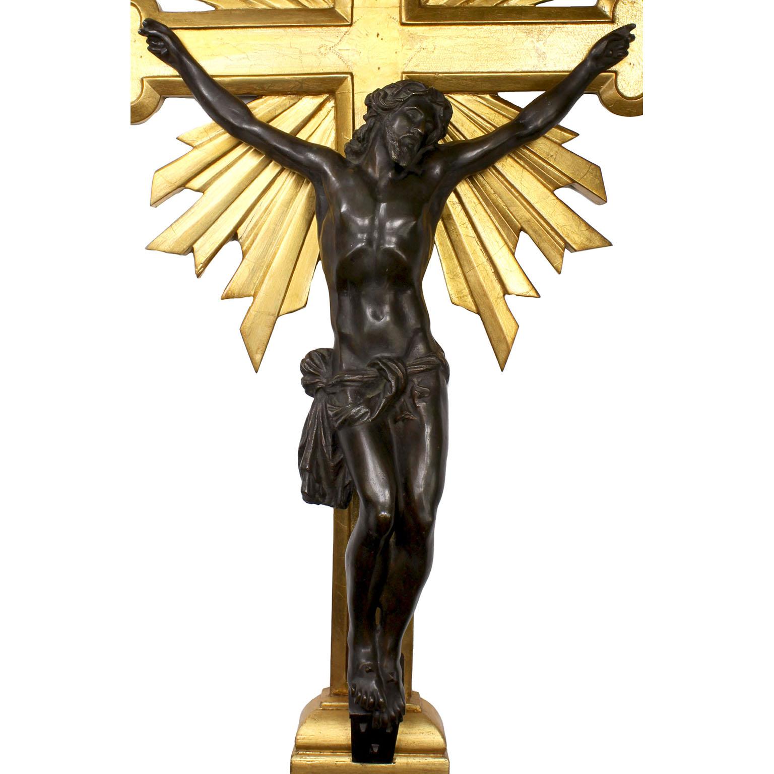Large Continental 19th Century Giltwood Carved and Patinated Bronze Crucifix In Good Condition For Sale In Los Angeles, CA
