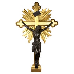 Large Continental 19th Century Giltwood Carved and Patinated Bronze Crucifix